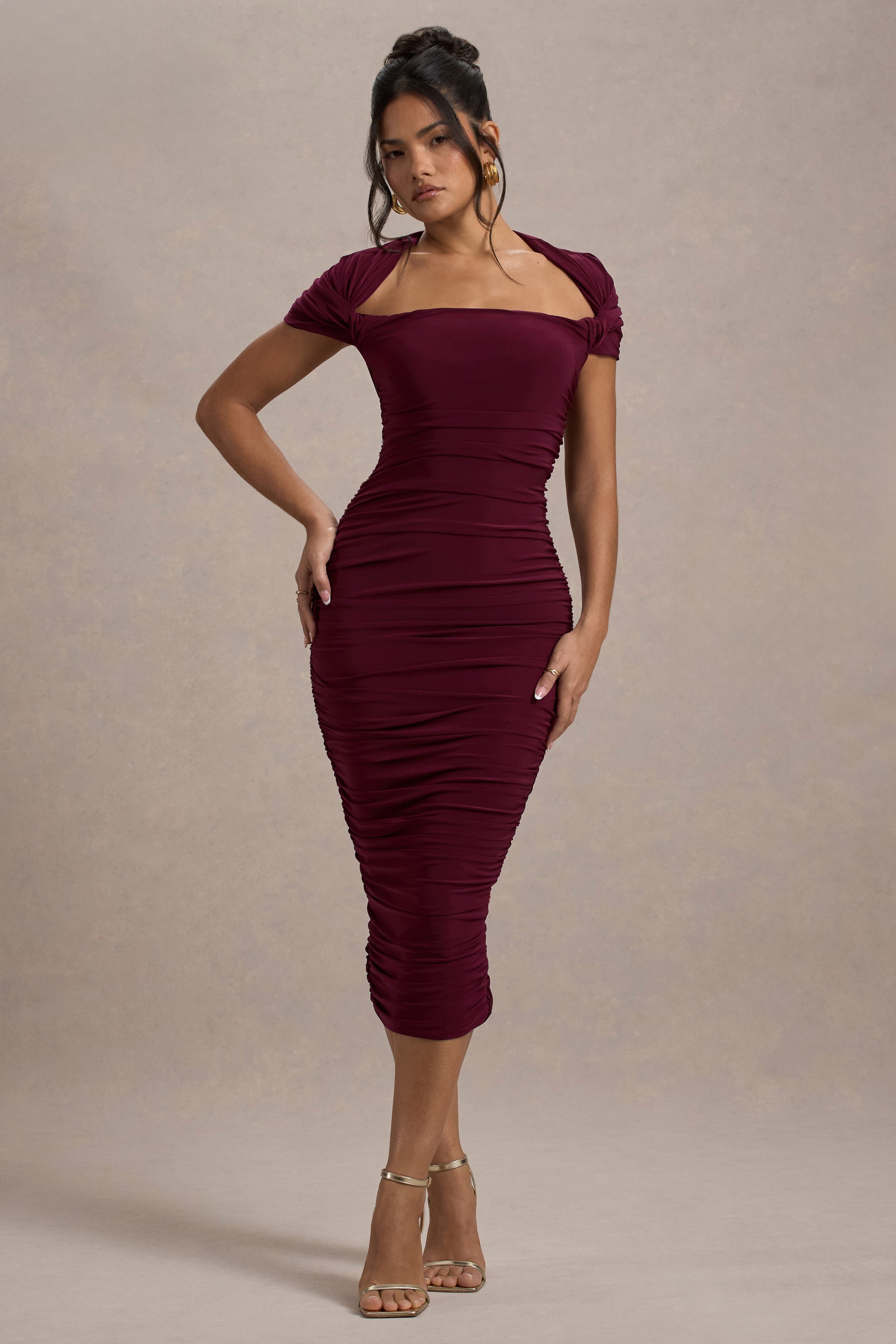 Paxos  Burgundy Ruched Short-Sleeve Midi Dress
