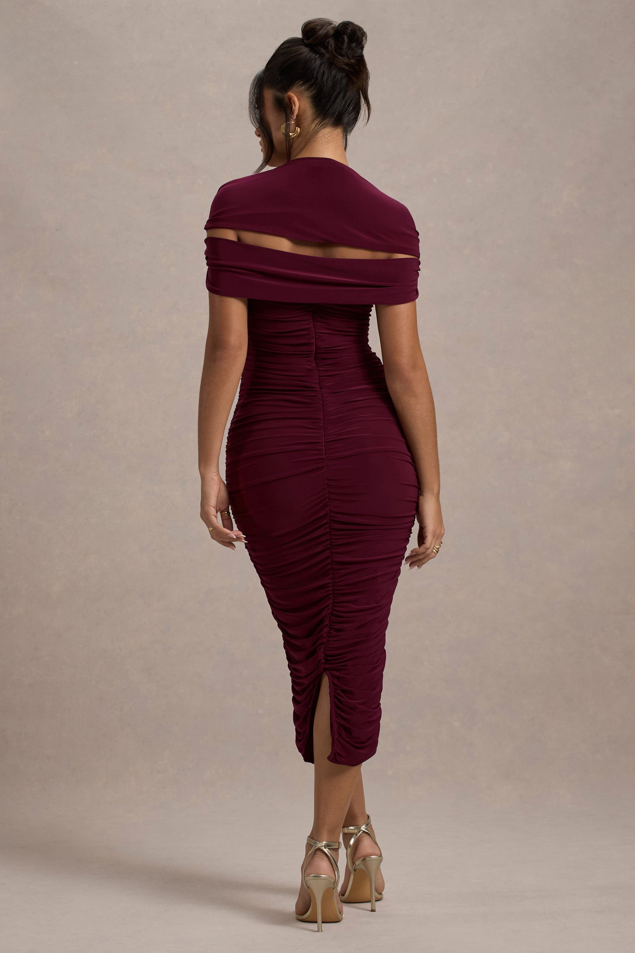 Paxos  Burgundy Ruched Short-Sleeve Midi Dress