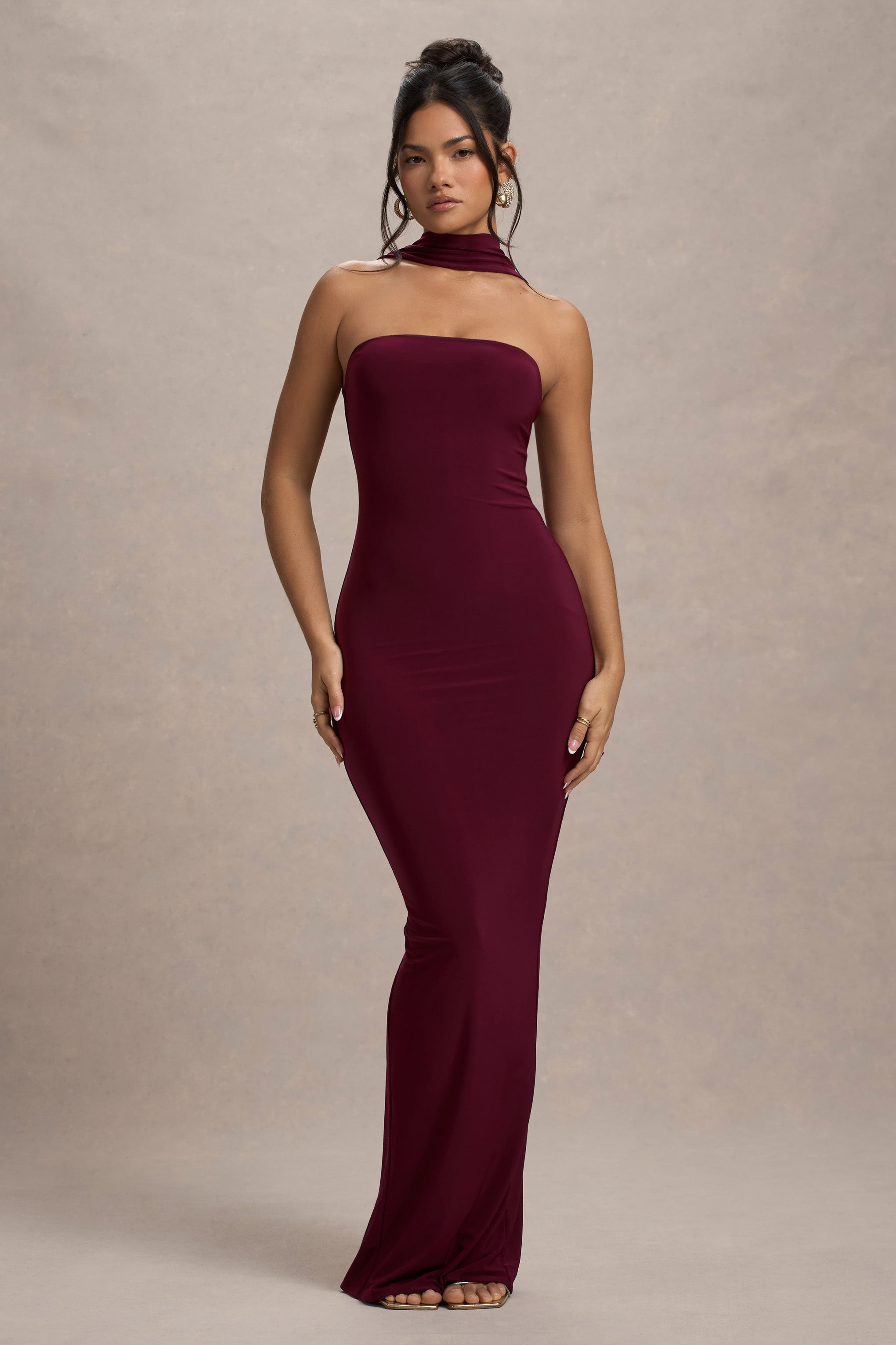 Nobu Burgundy Bandeau Maxi Dress With Halter-Collar
