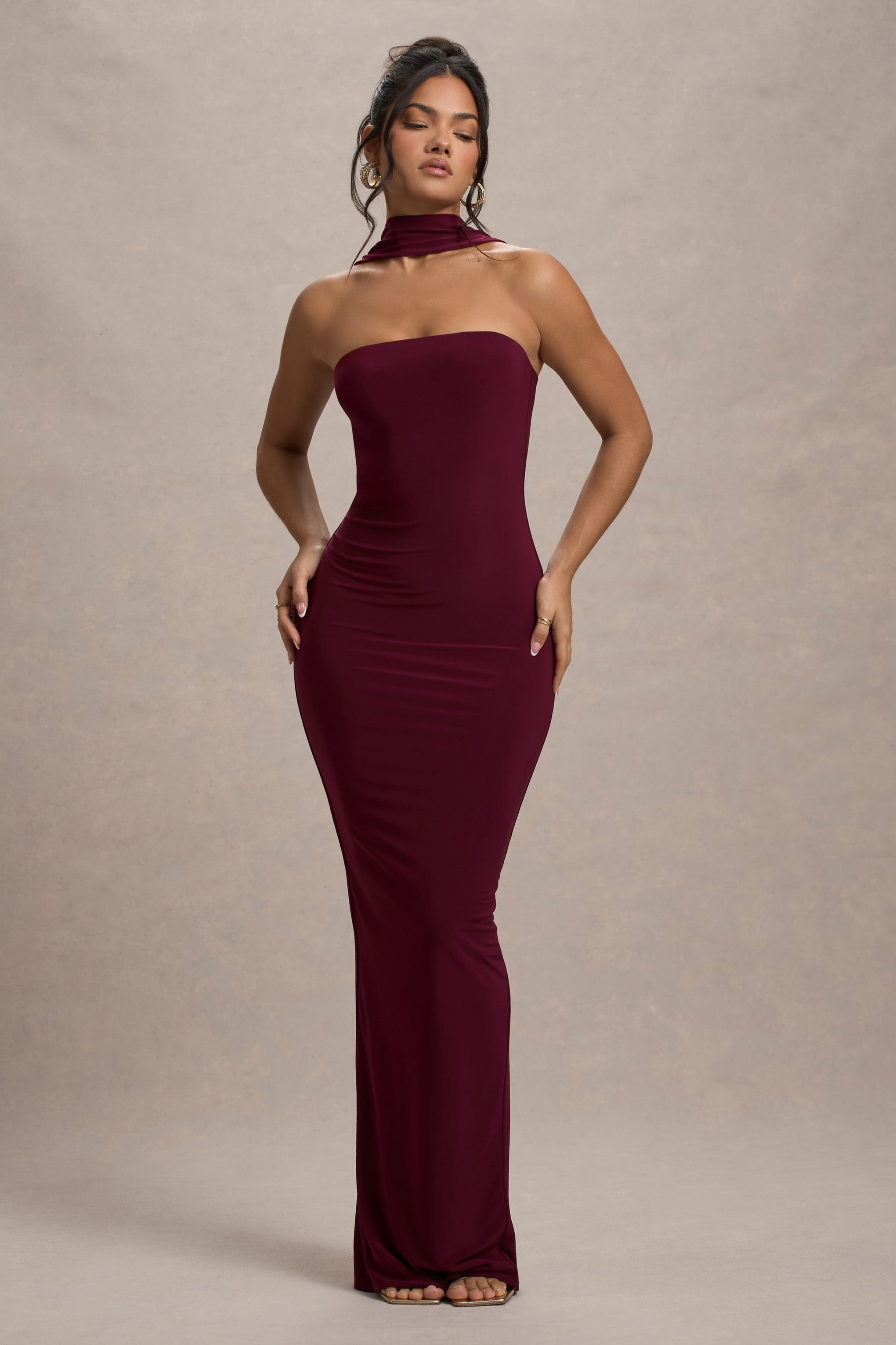 Nobu Burgundy Bandeau Maxi Dress With Halter-Collar