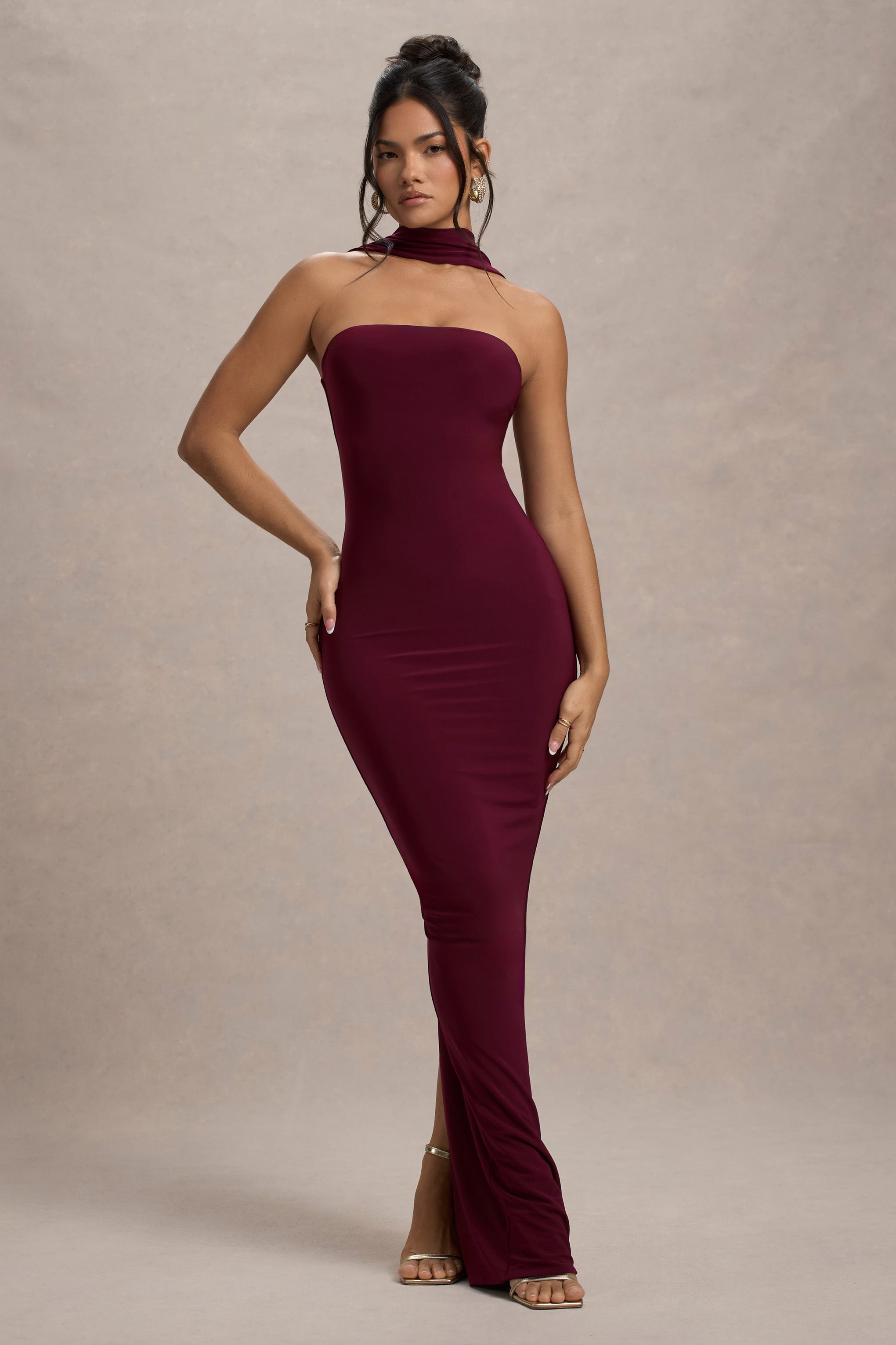 Nobu Burgundy Bandeau Maxi Dress With Halter-Collar