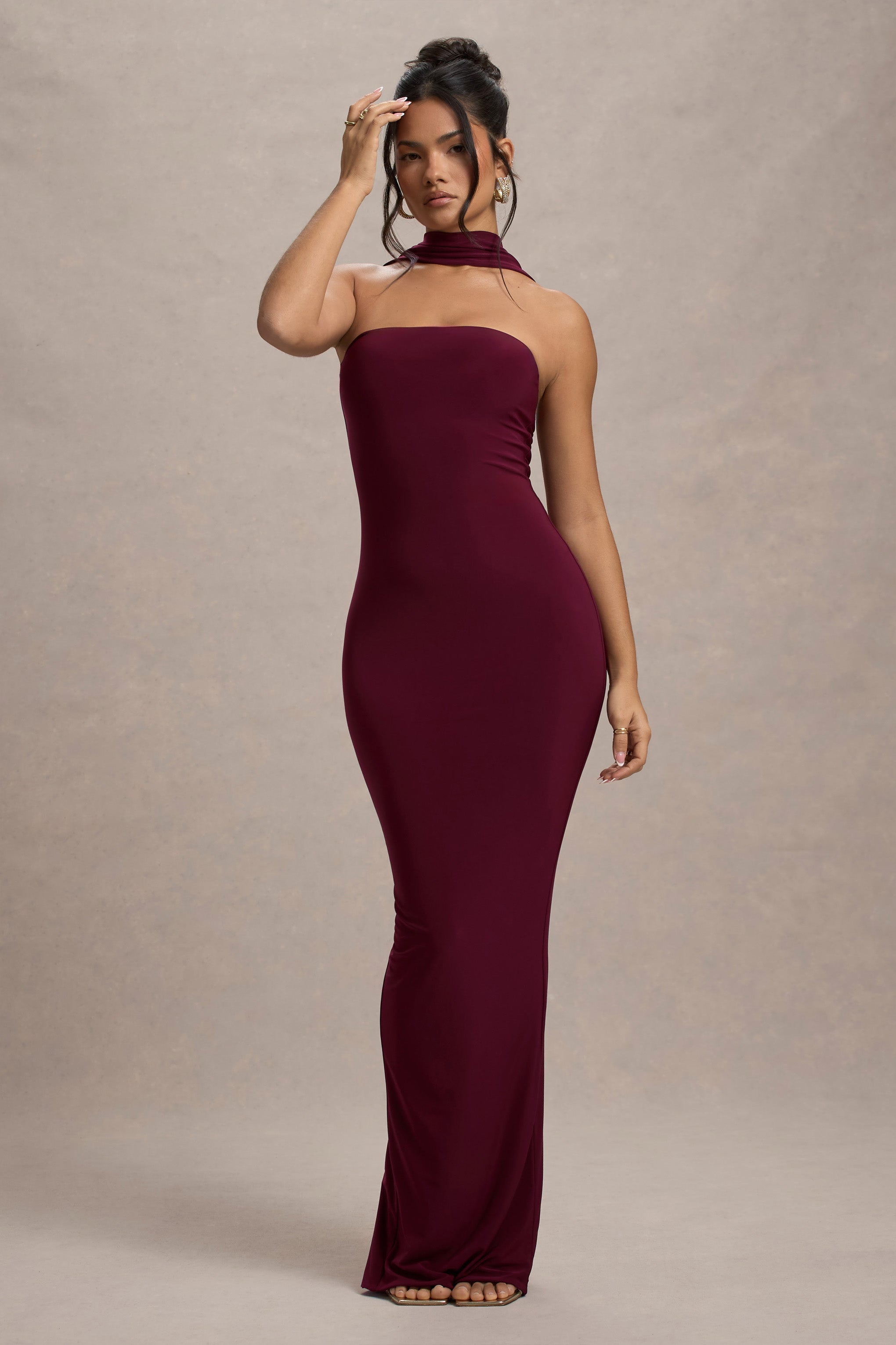 Nobu Burgundy Bandeau Maxi Dress With Halter-Collar