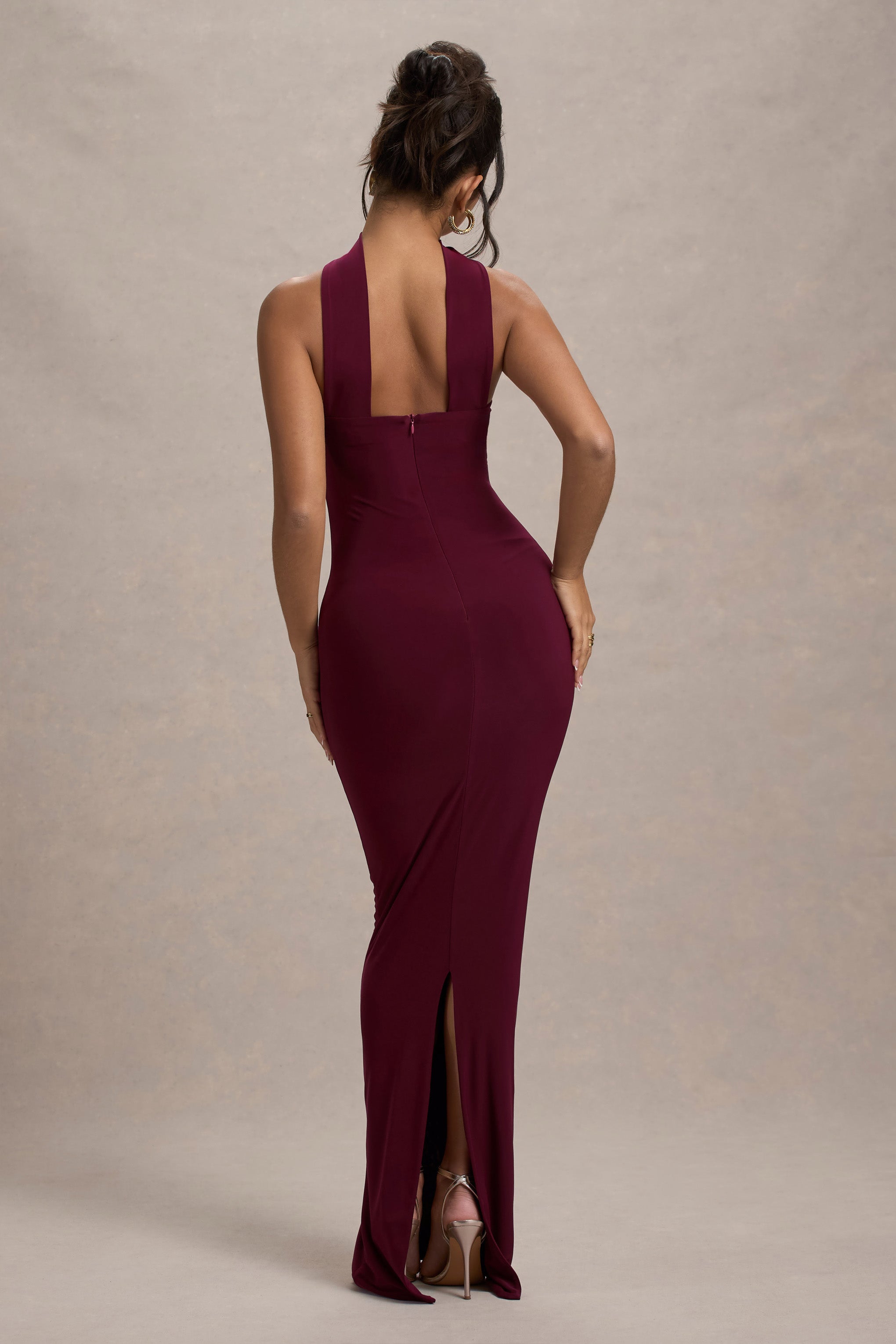 Nobu Burgundy Bandeau Maxi Dress With Halter-Collar