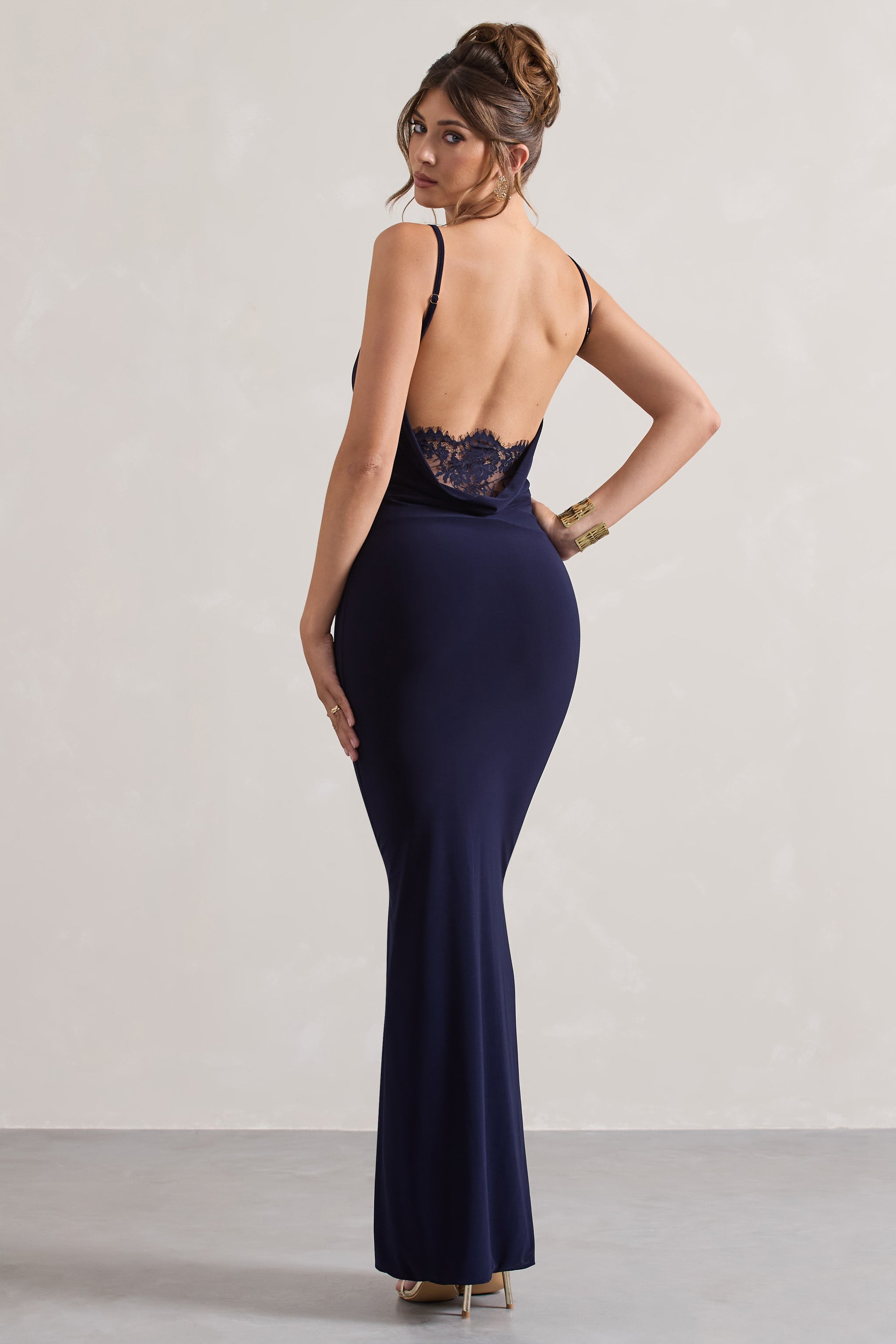 Francoise Navy Cowl Neck Backless Maxi Dress With Lace Insert