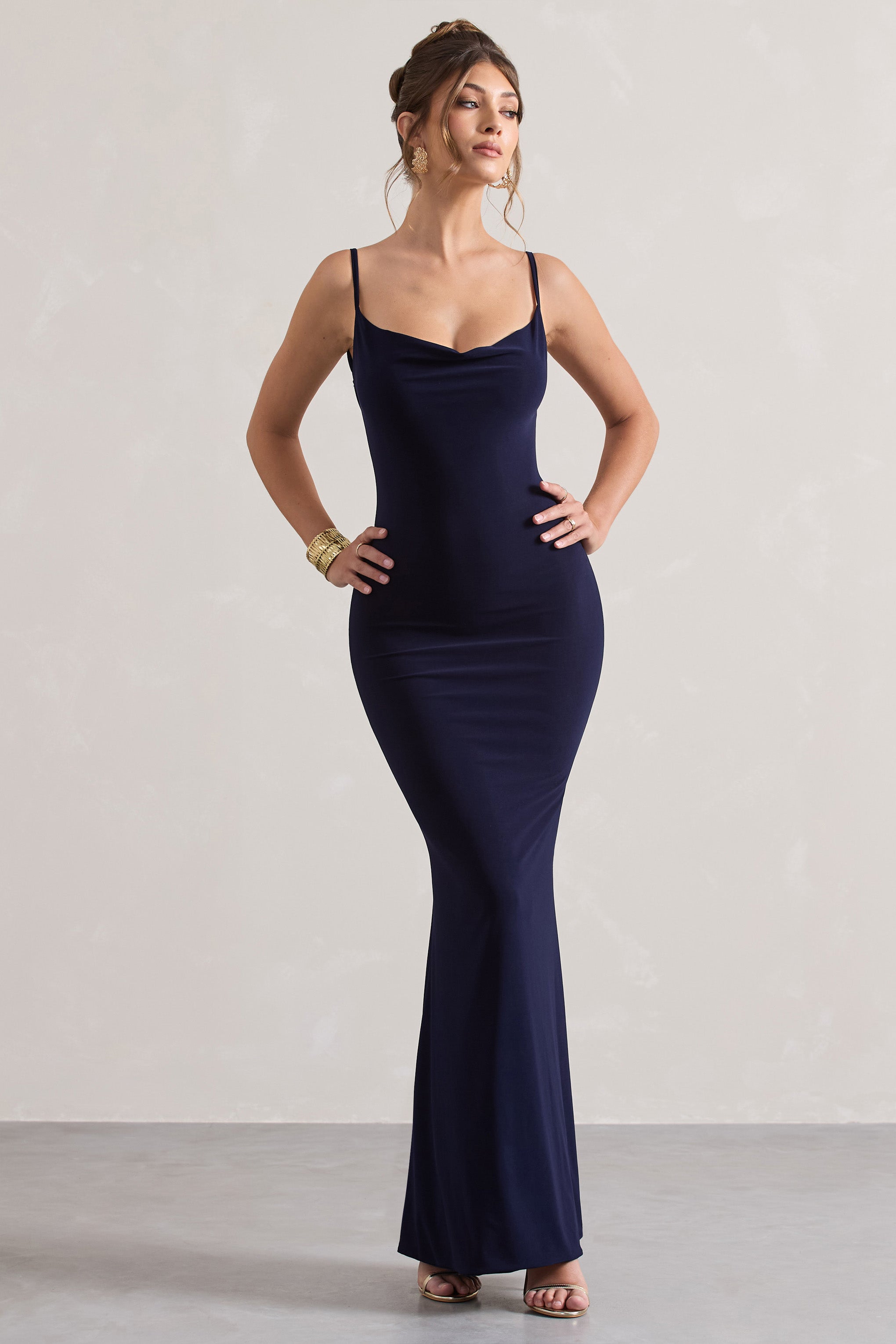 Francoise Navy Cowl Neck Backless Maxi Dress With Lace Insert