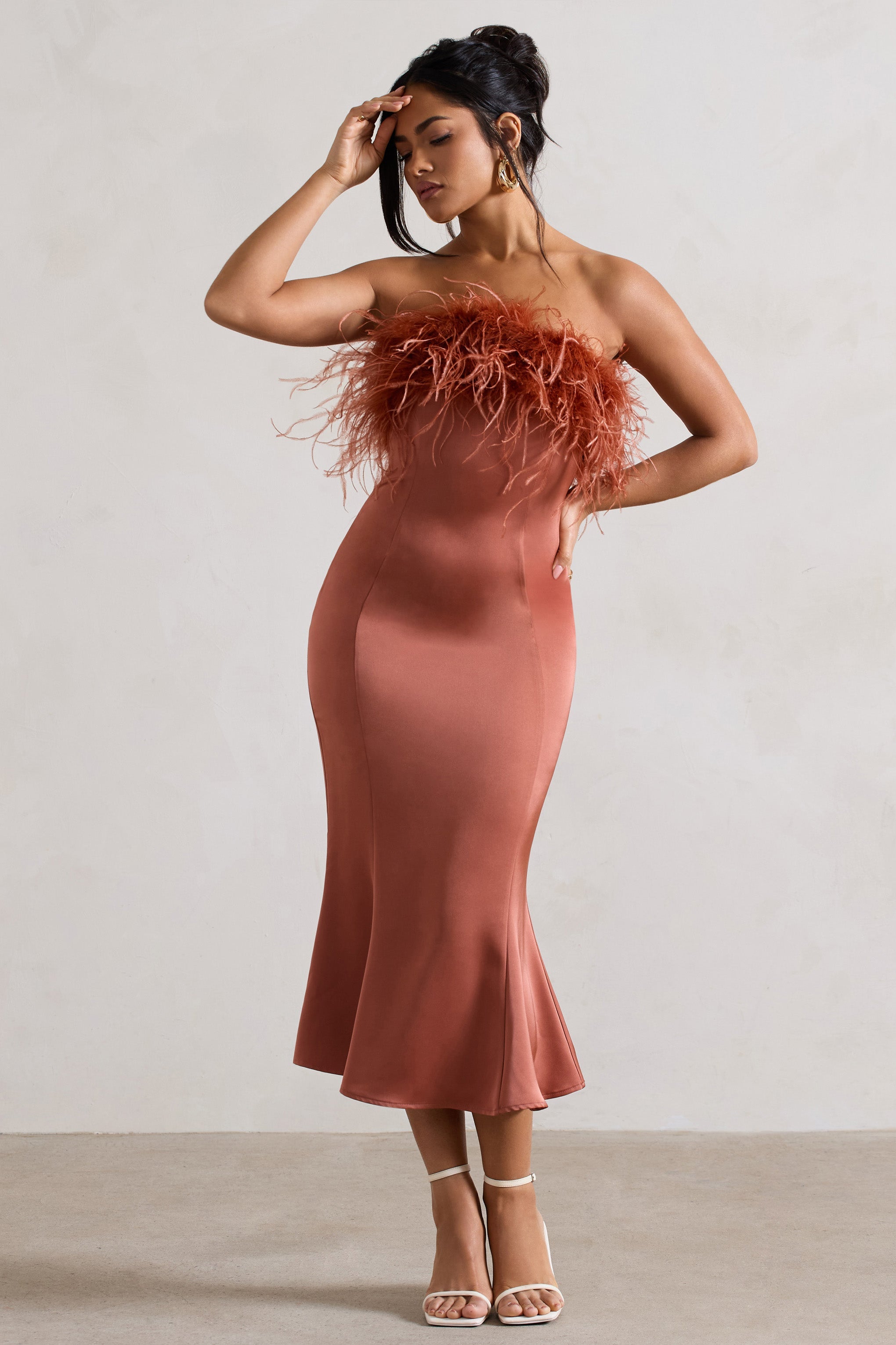 One And Only Rust Satin Feather Trim Bandeau Midi Dress