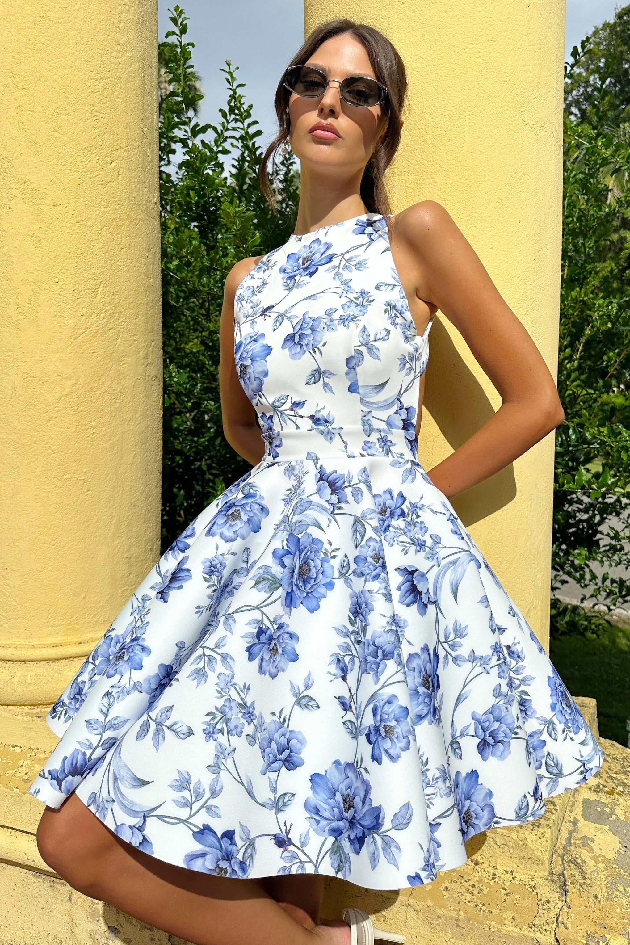 Waverly Blue Floral Racer-Neck Sleeveless Skater Mini Dress