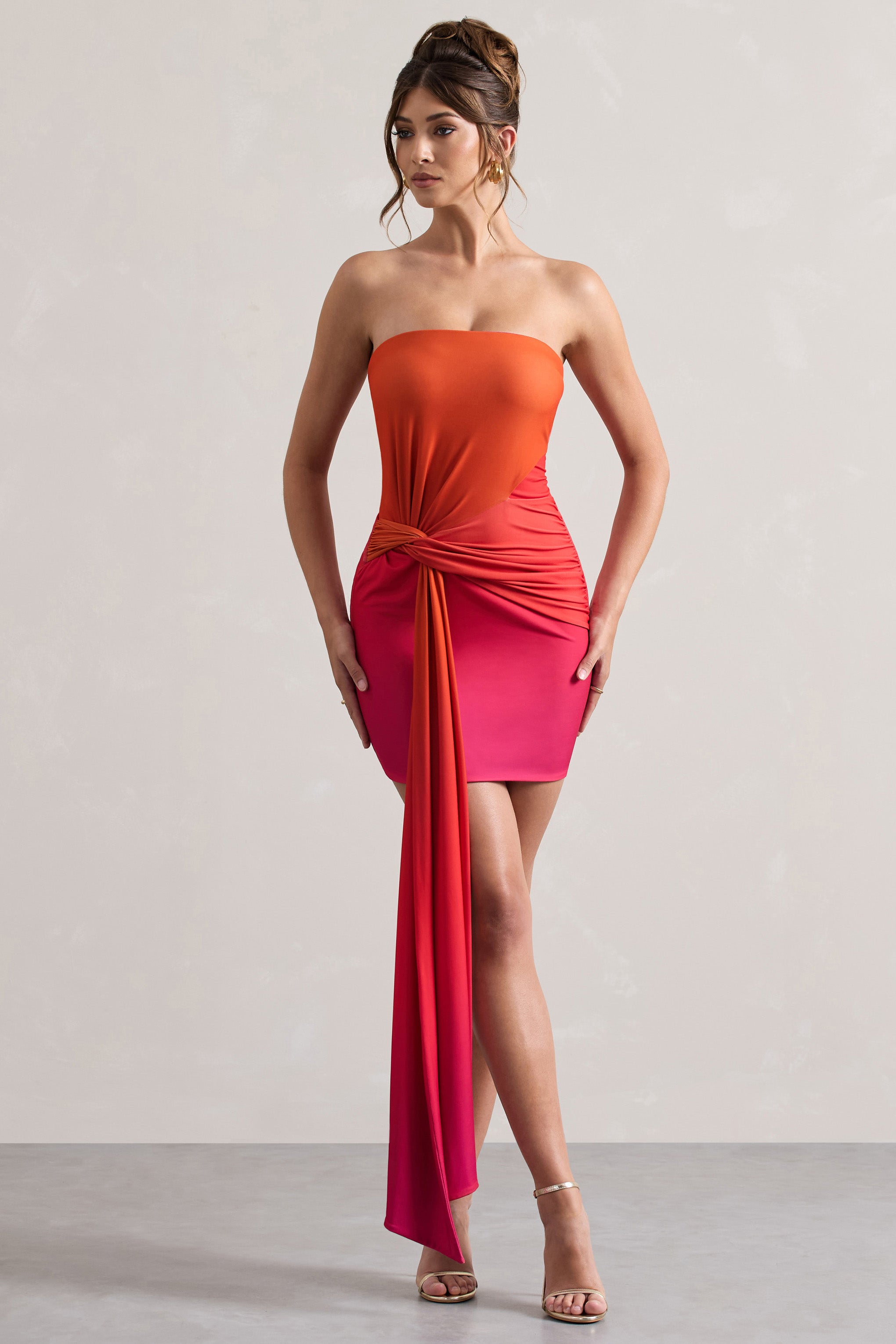 Azora Pink & Orange Ombre Bandeau Mini Dress With Twisted Sash