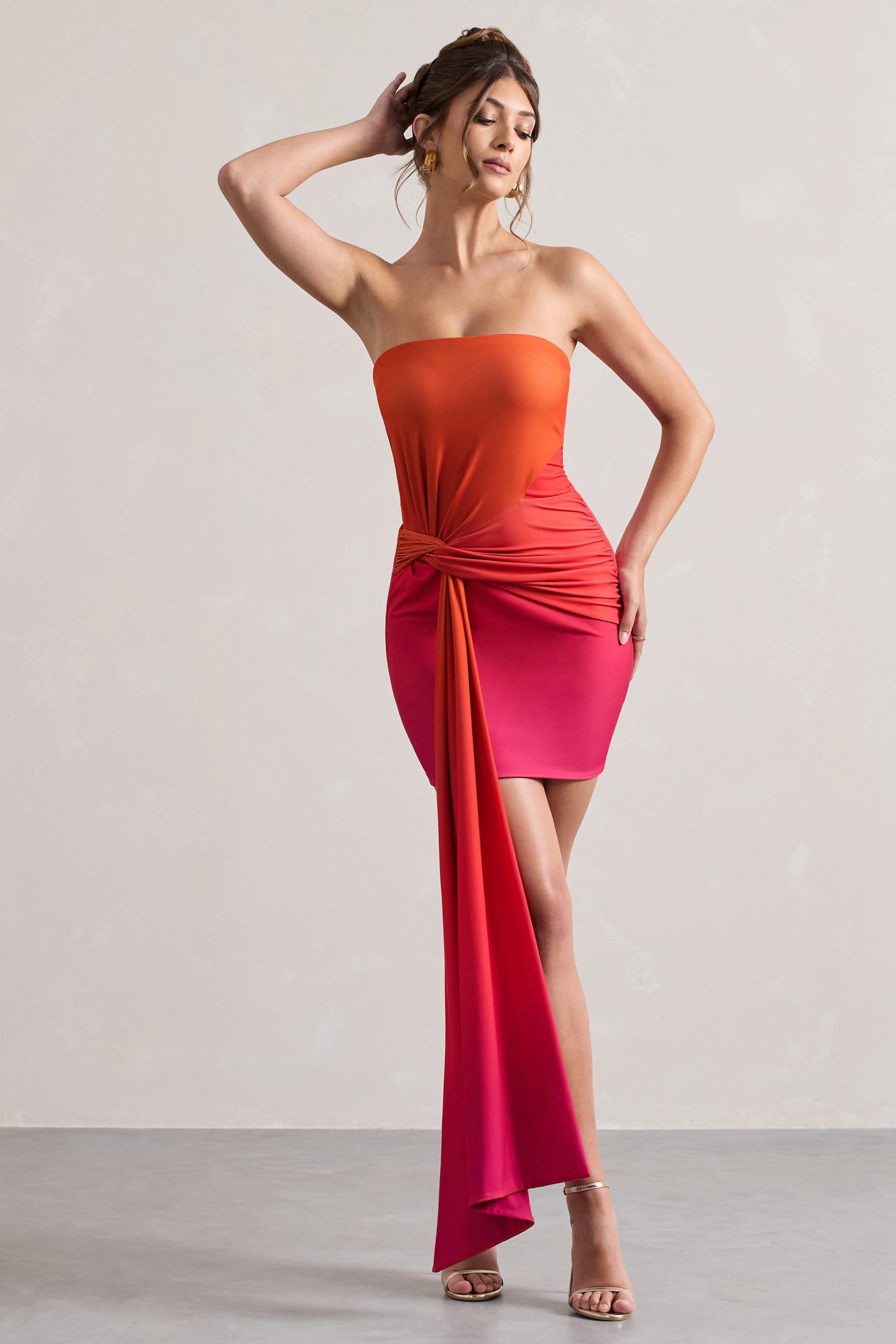 Azora Pink & Orange Ombre Bandeau Mini Dress With Twisted Sash