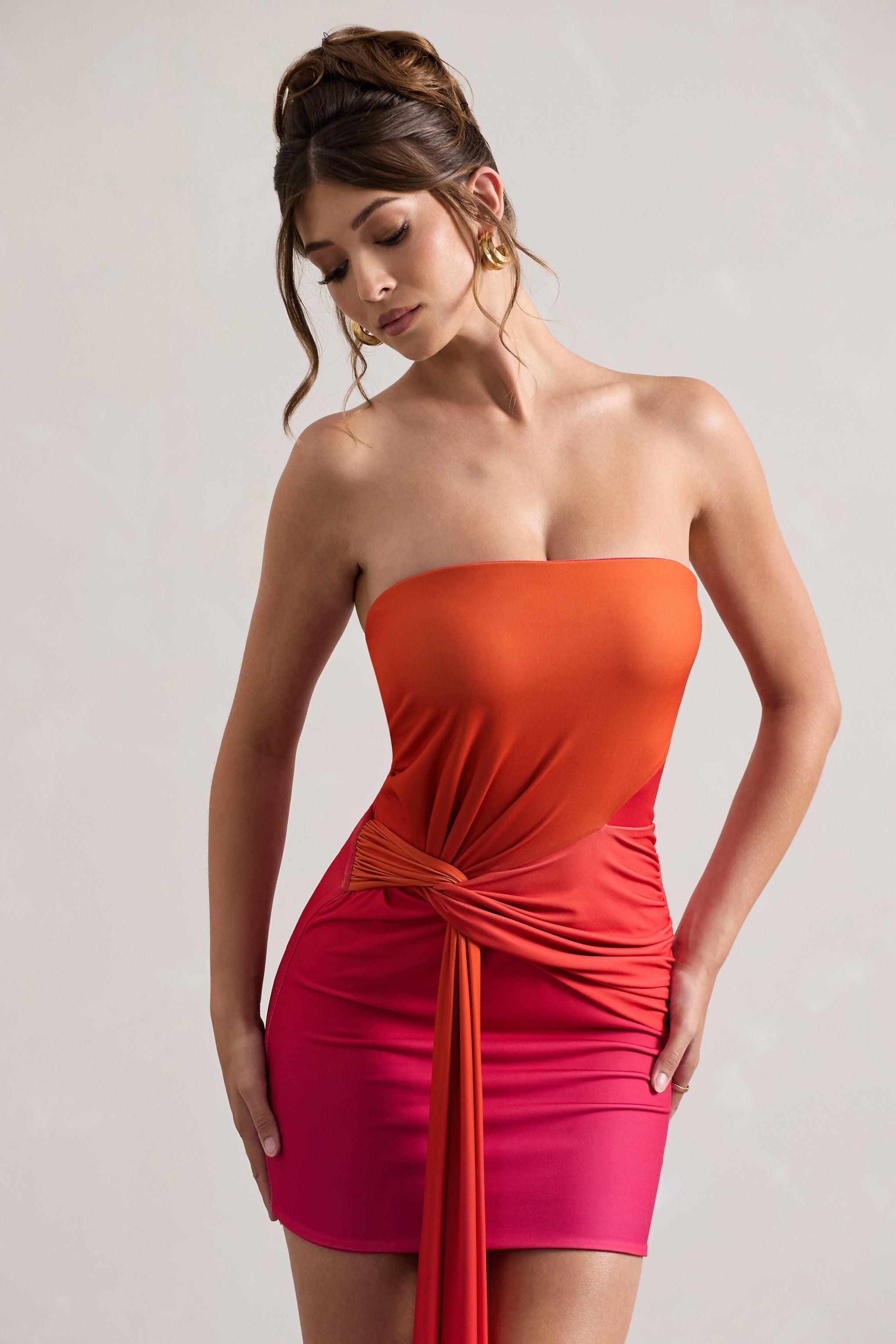 Azora Pink & Orange Ombre Bandeau Mini Dress With Twisted Sash