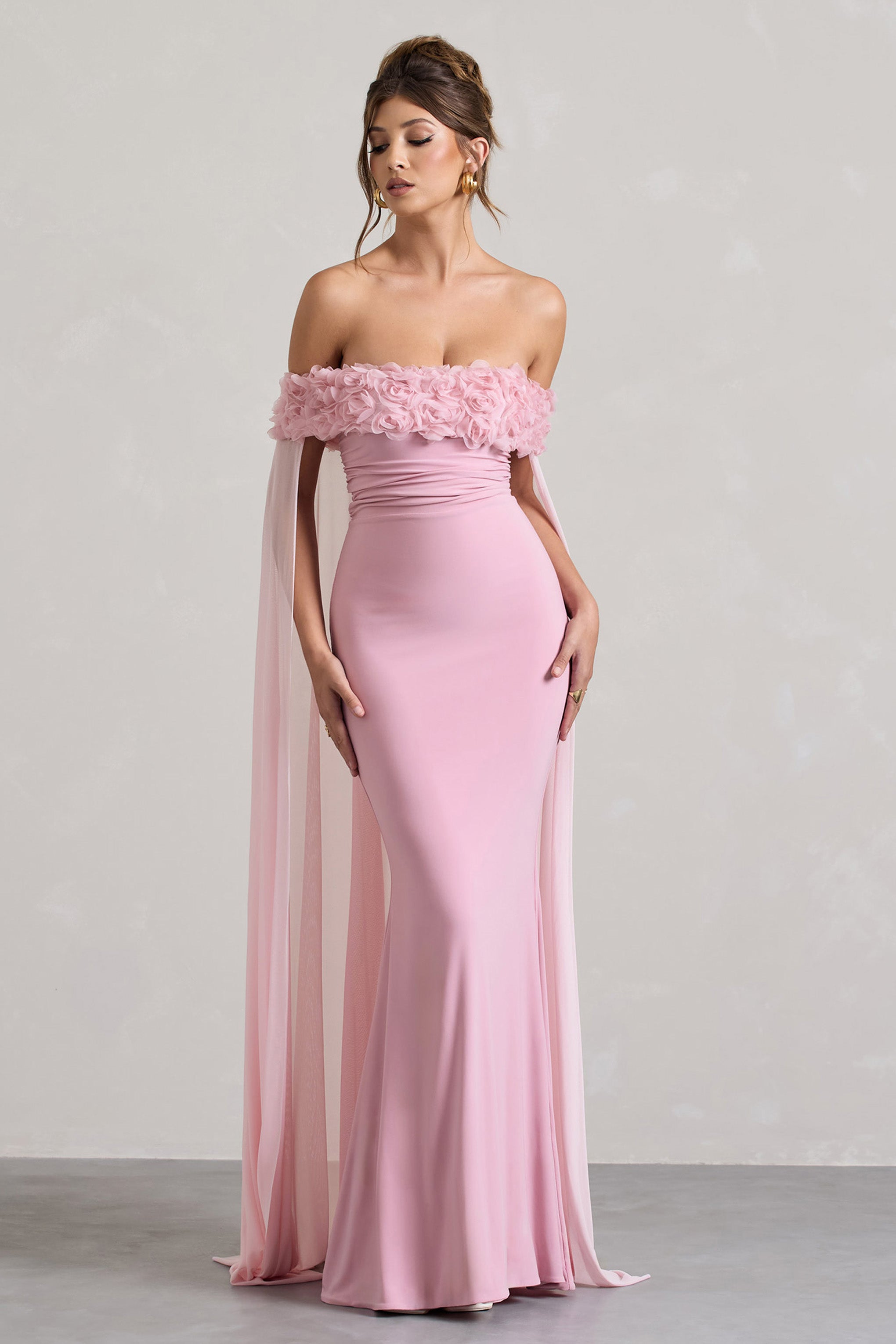 Avant Garde Blush Pink Floral Bardot Fishtail Maxi Dress With Mesh Cape