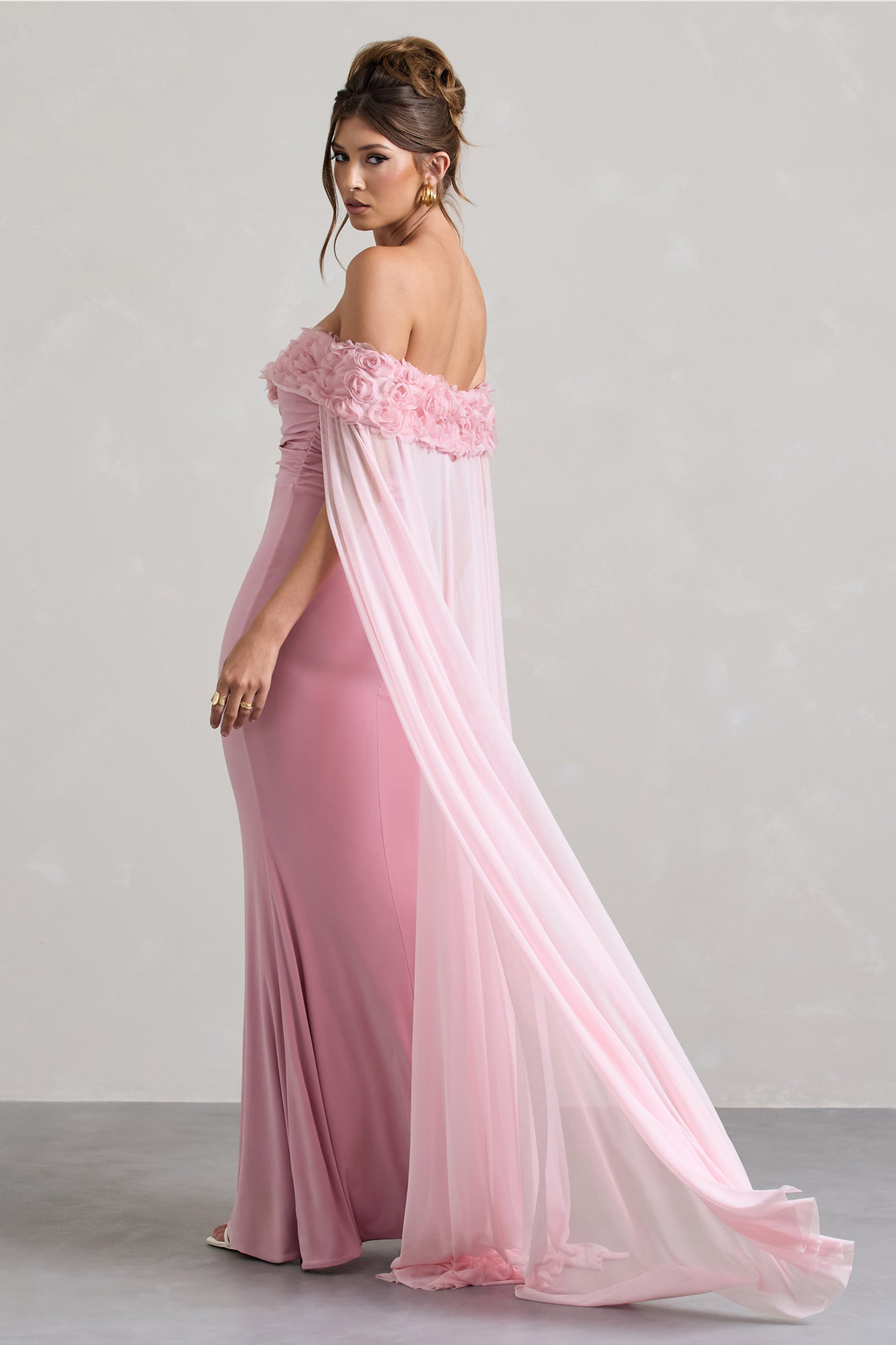 Avant Garde Blush Pink Floral Bardot Fishtail Maxi Dress With Mesh Cape