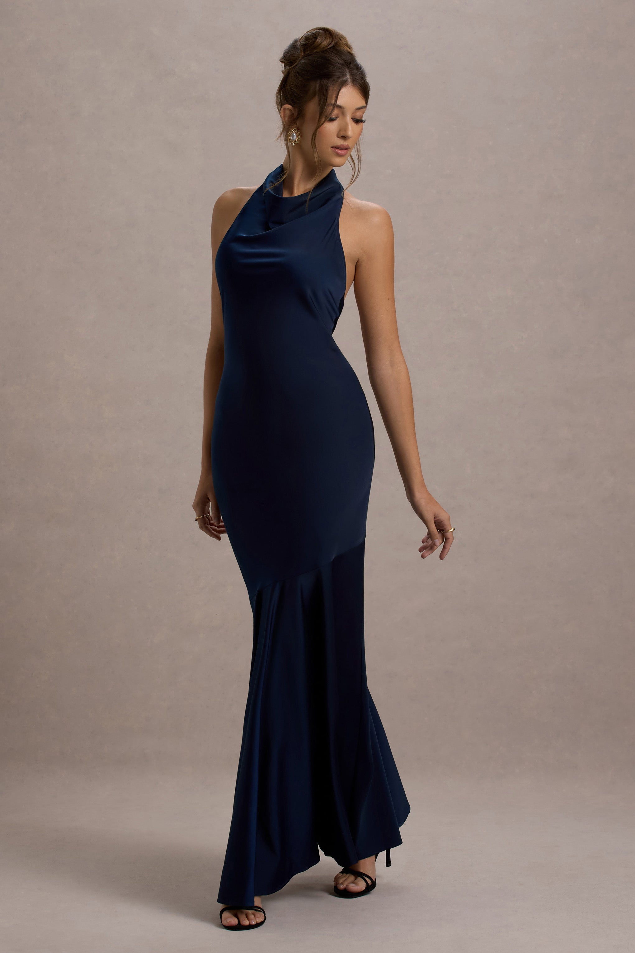 Amelita Navy Satin Cowl-Neck  Maxi Dress