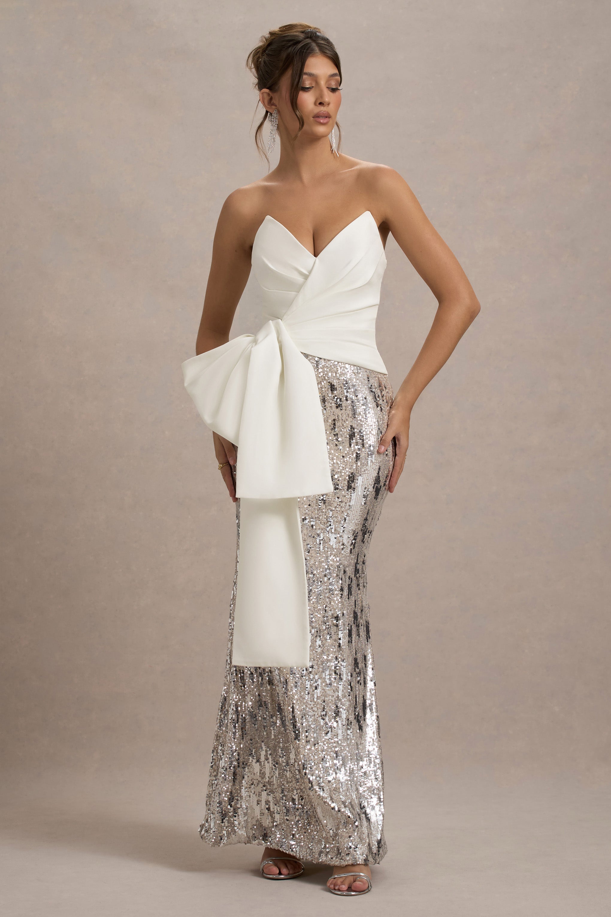 Ceres Ecru Strapless Draped Maxi Dress With Sequin Skirt