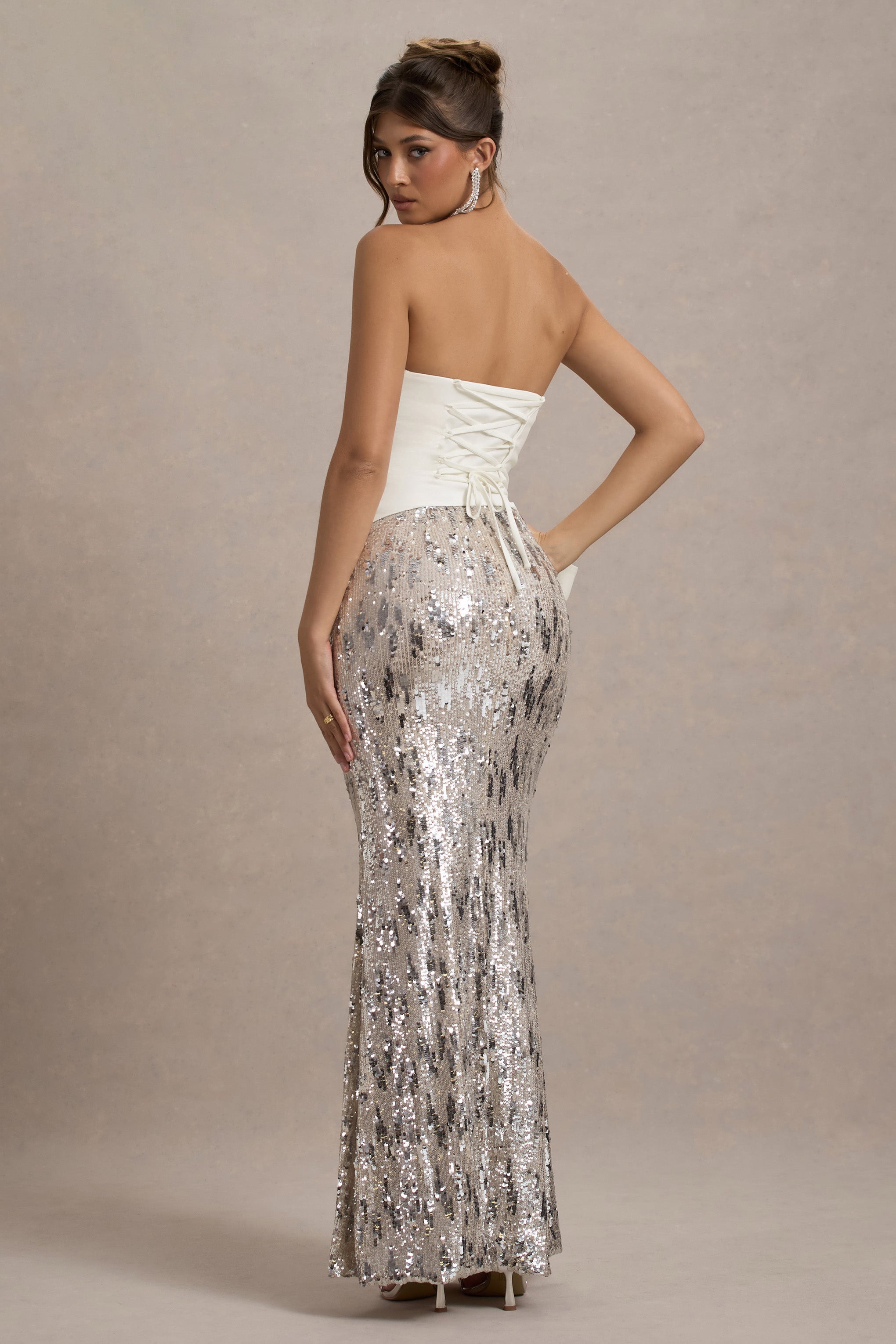 Ceres Ecru Strapless Draped Maxi Dress With Sequin Skirt