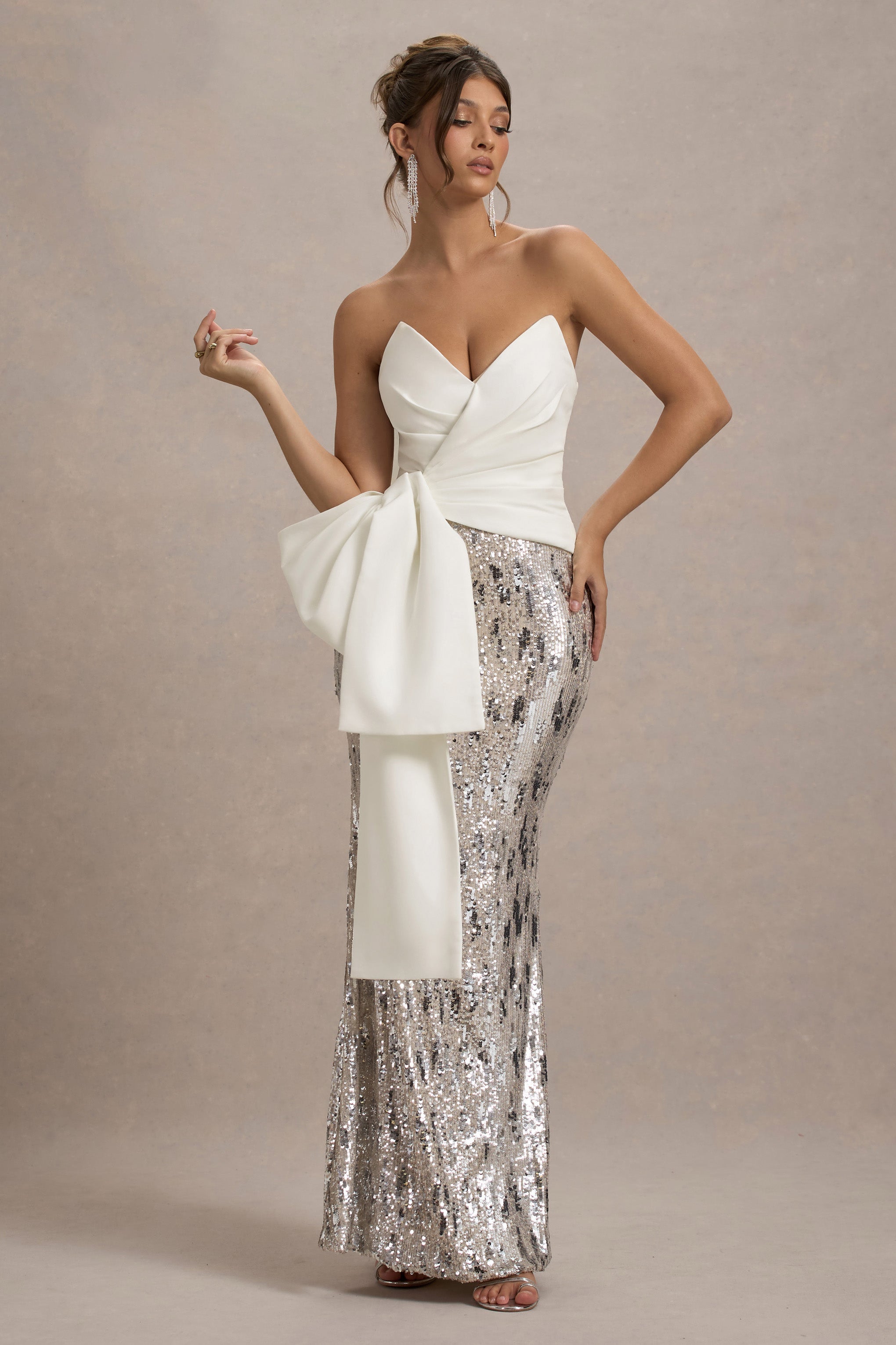 Ceres Ecru Strapless Draped Maxi Dress With Sequin Skirt