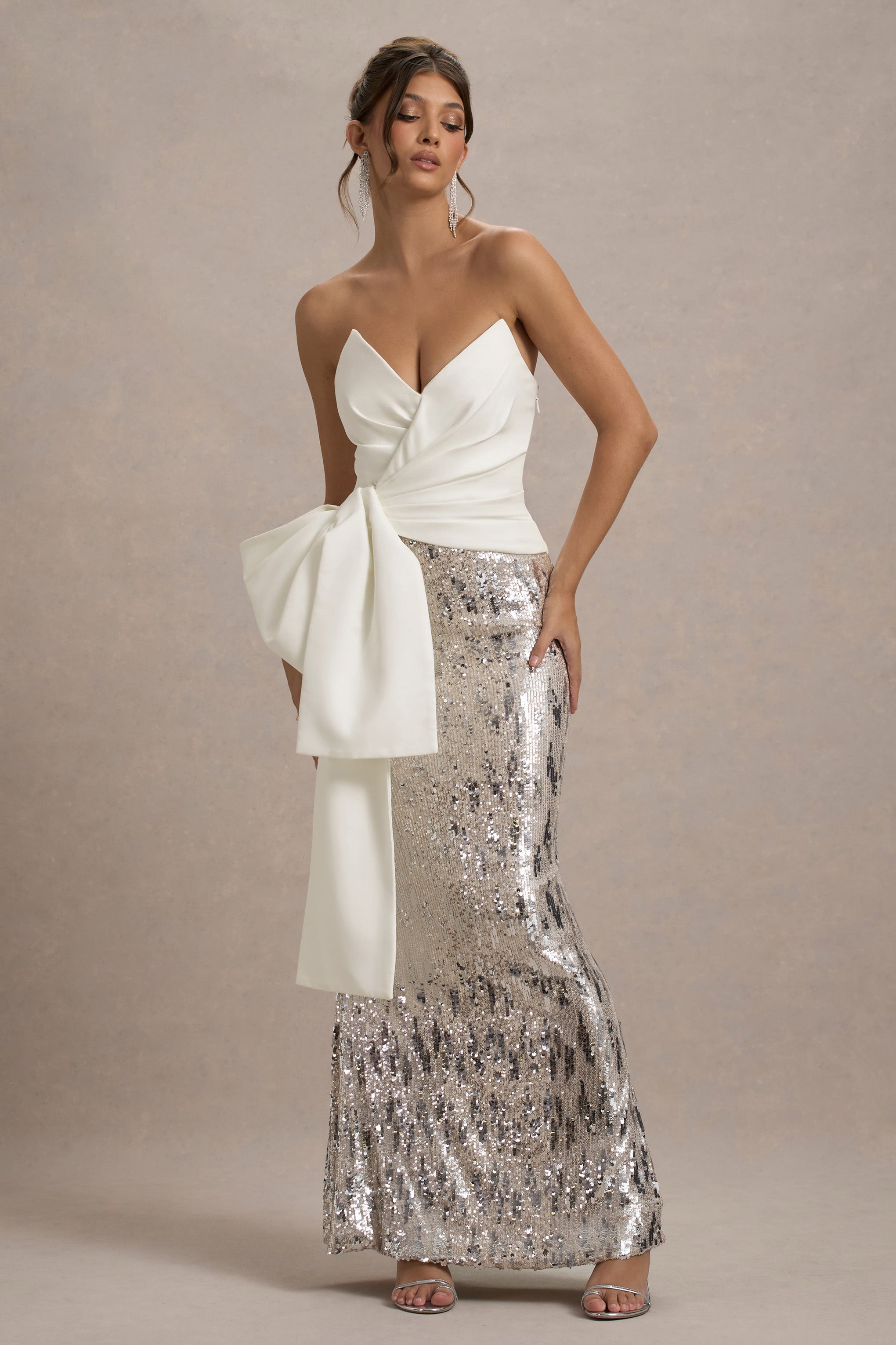 Ceres Ecru Strapless Draped Maxi Dress With Sequin Skirt