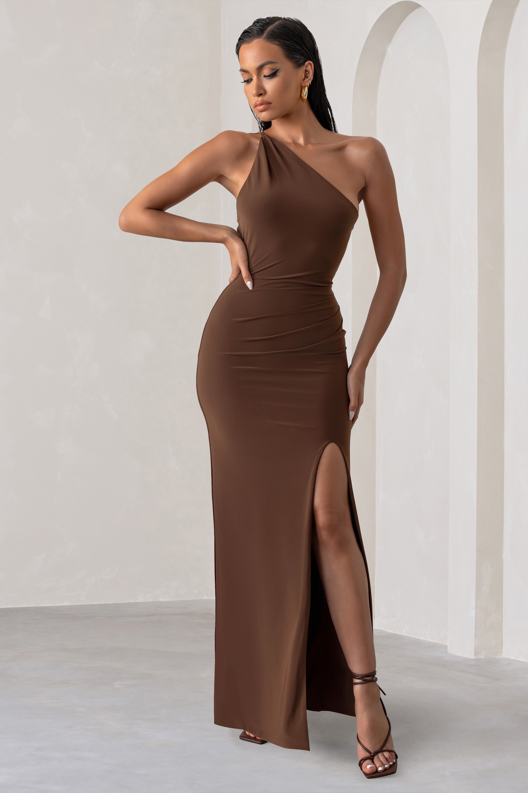 Dressing Up Chocolate Brown One Shoulder Maxi Dress With Open Back Detail