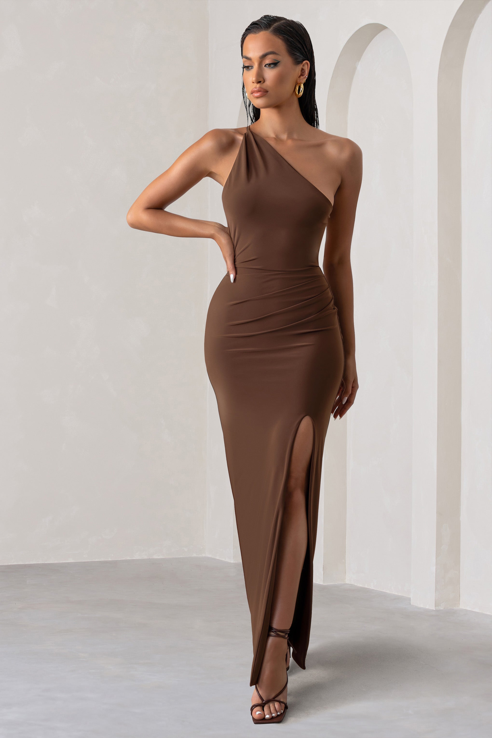 Dressing Up Chocolate Brown One Shoulder Maxi Dress With Open Back Detail