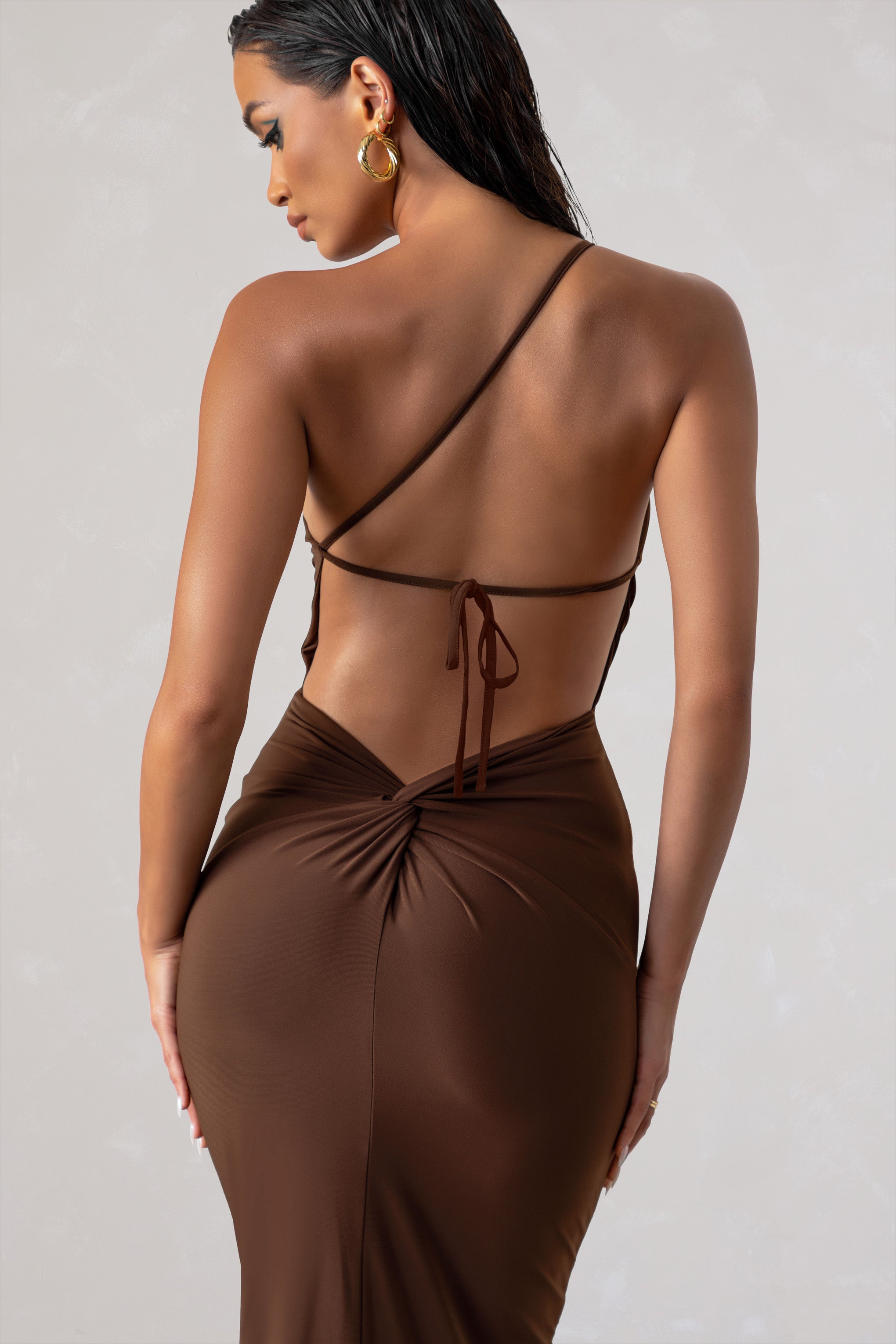 Dressing Up Chocolate Brown One Shoulder Maxi Dress With Open Back Detail