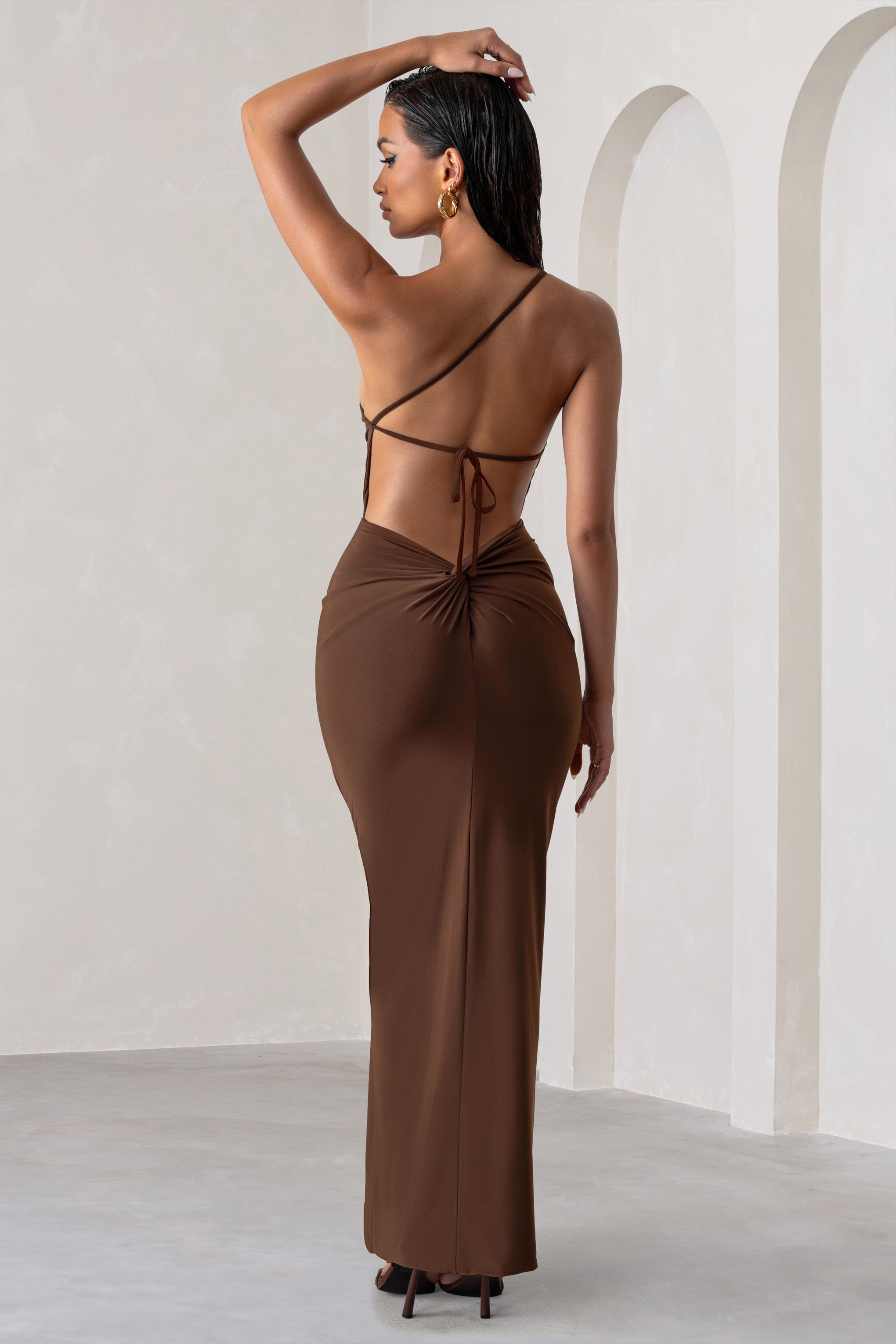 Dressing Up Chocolate Brown One Shoulder Maxi Dress With Open Back Detail