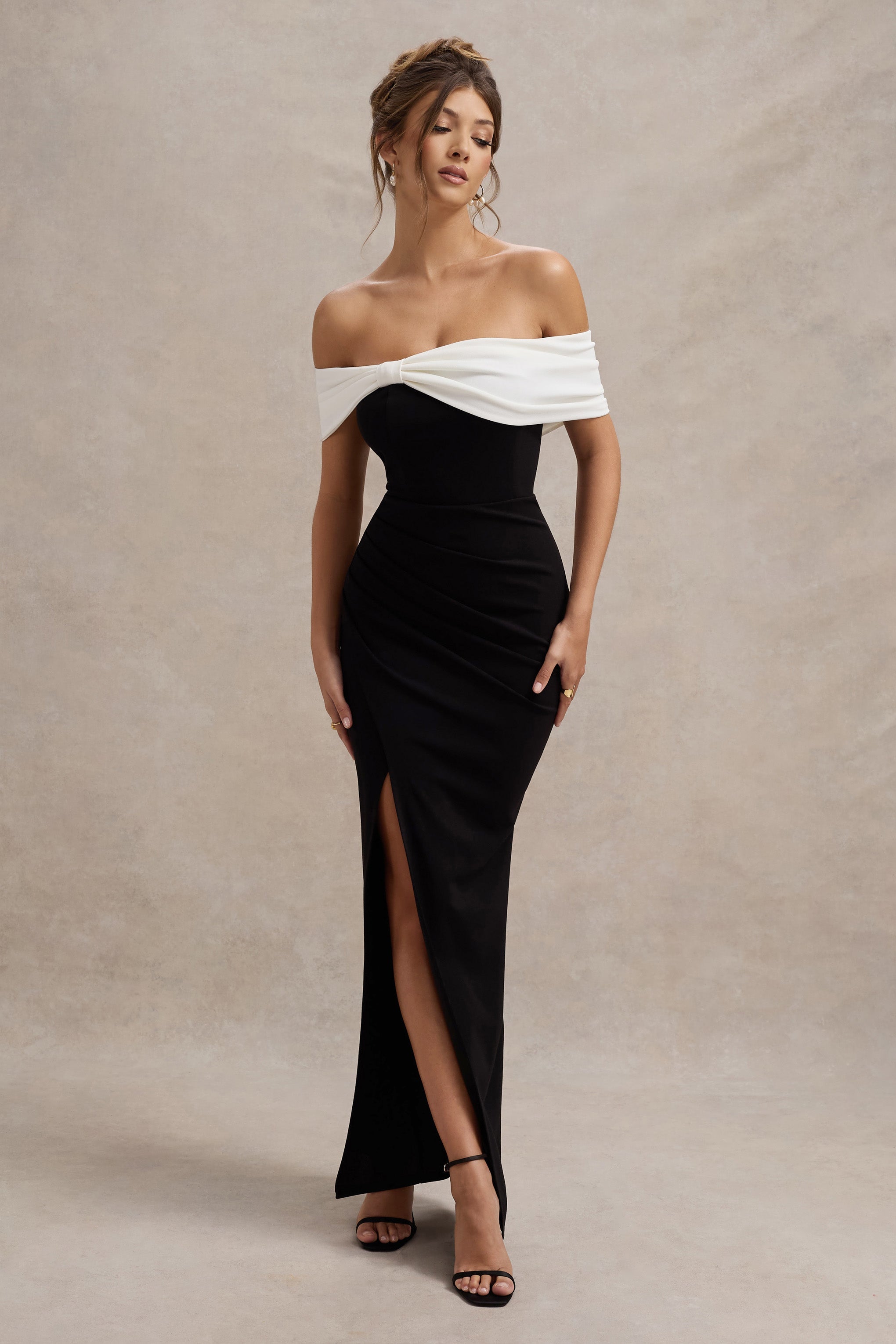 Eva Black & White Bardot Bow Detail Maxi Dress With Thigh Split