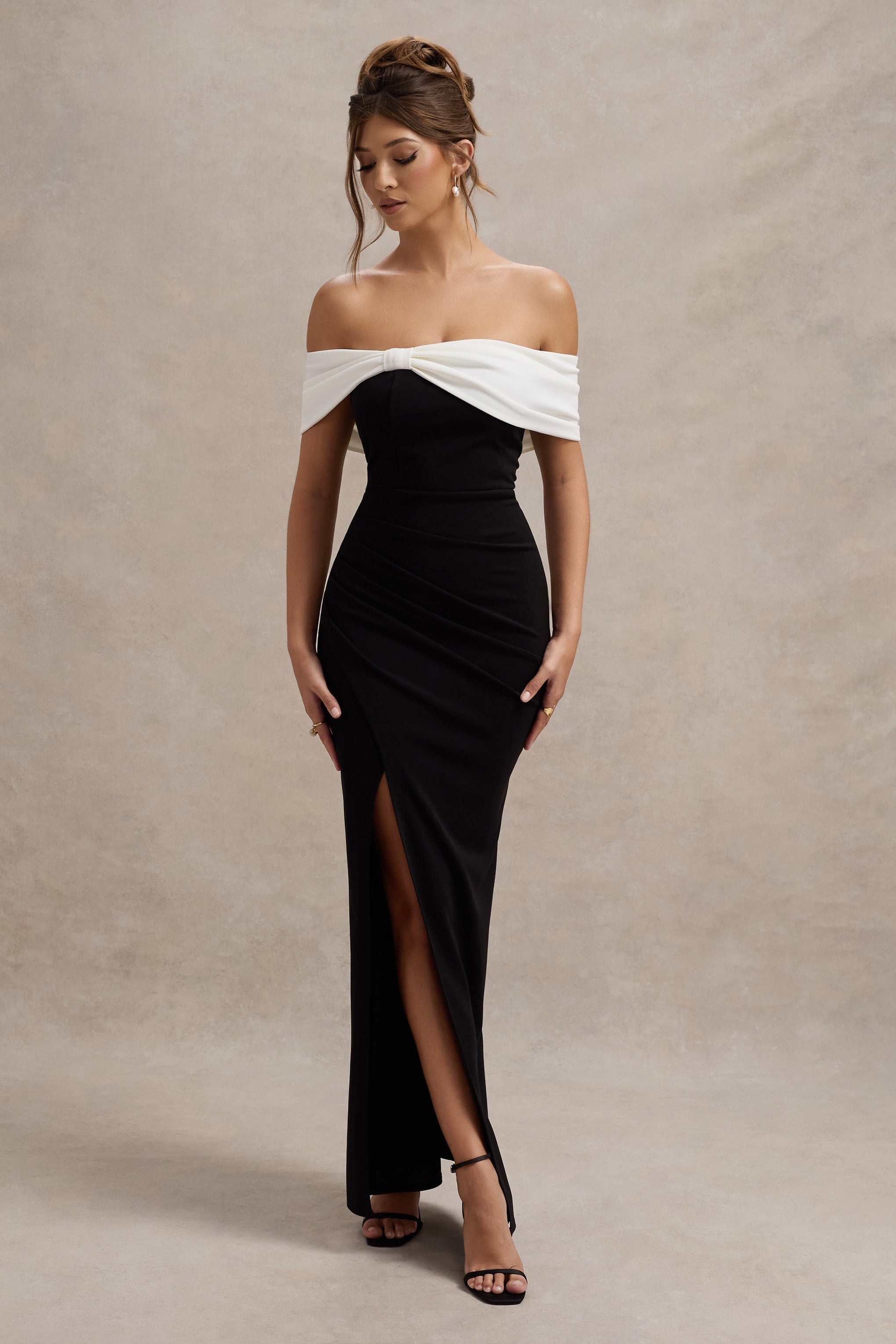 Eva Black & White Bardot Bow Detail Maxi Dress With Thigh Split
