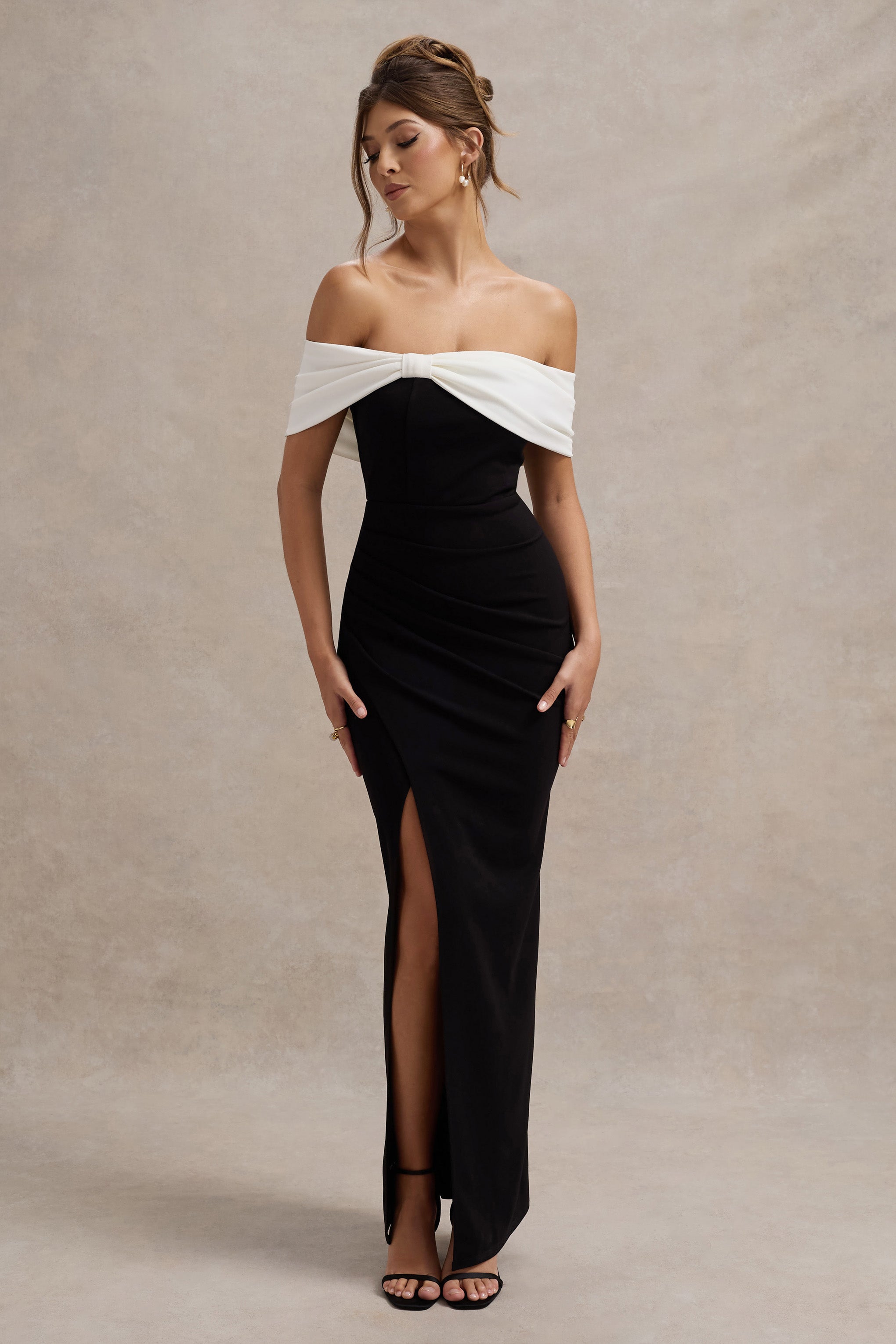 Eva Black & White Bardot Bow Detail Maxi Dress With Thigh Split