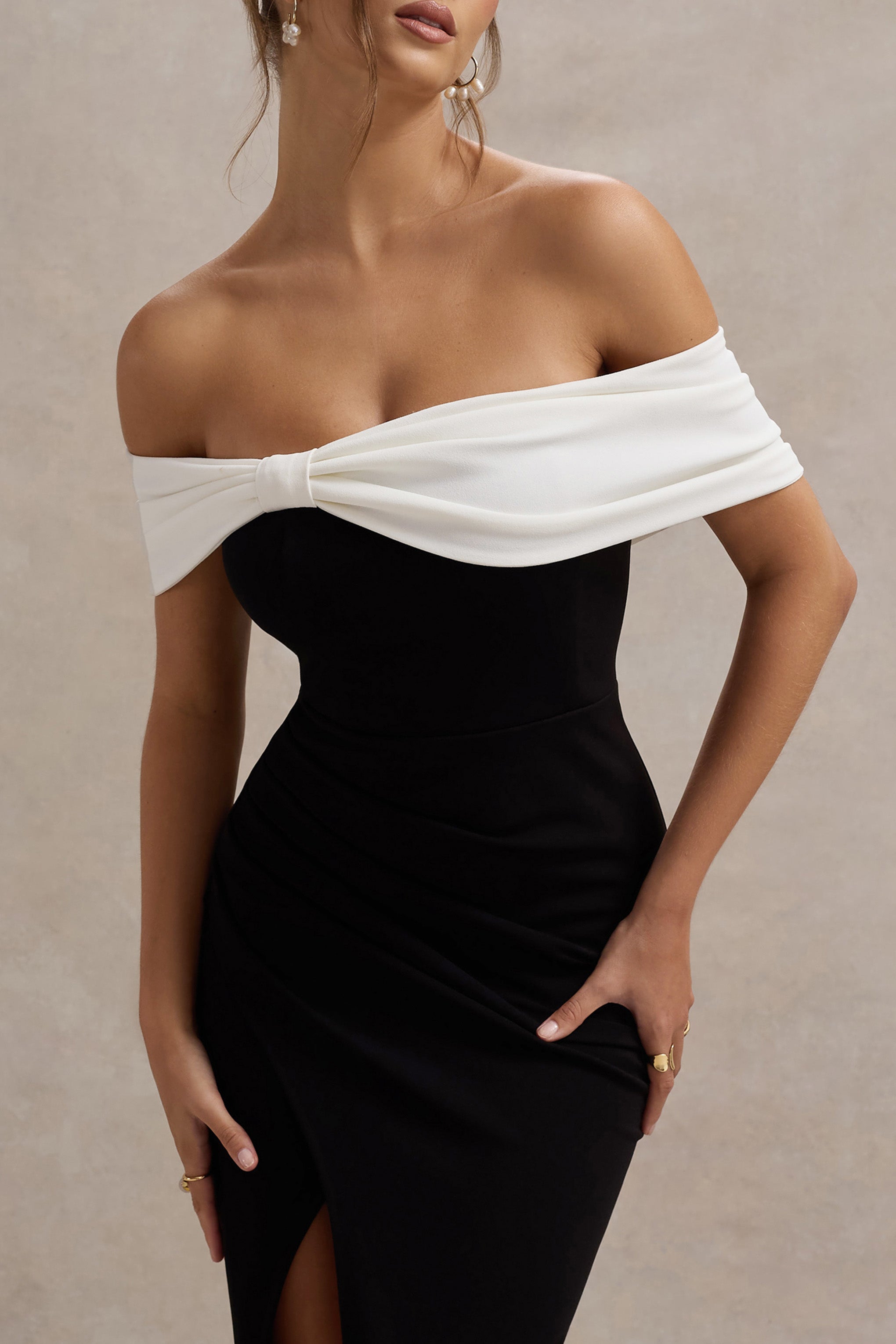 Eva Black & White Bardot Bow Detail Maxi Dress With Thigh Split