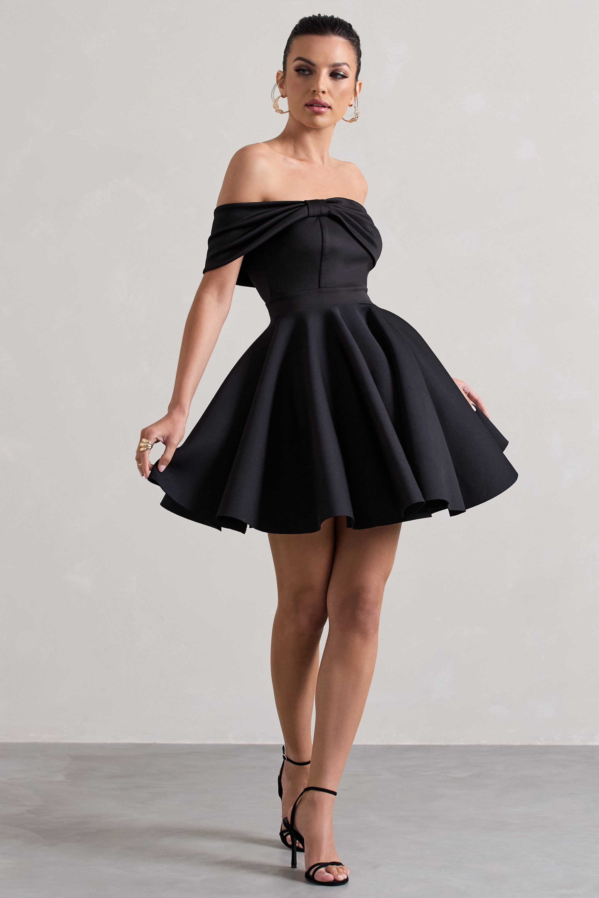 Snowfall Black Bardot Bow Skater Mini Dress