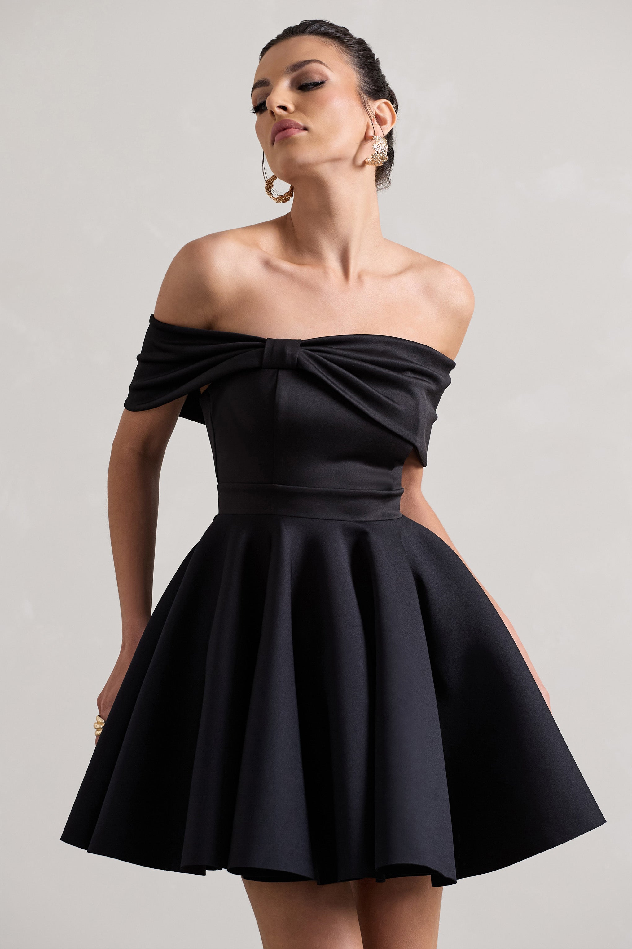 Snowfall Black Bardot Bow Skater Mini Dress