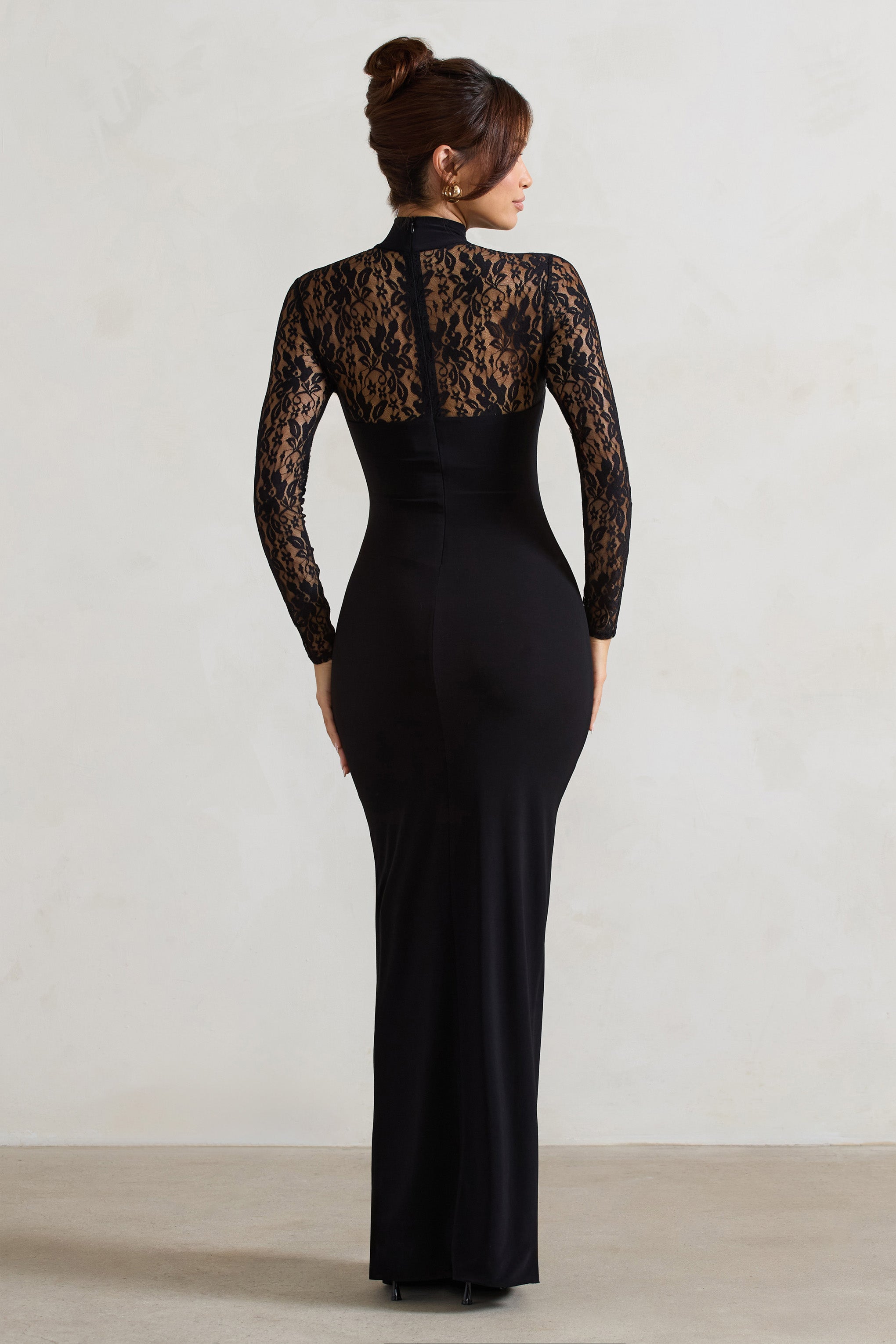 Arden Black High-Neck Split Maxi Dress With Lace Sleeves