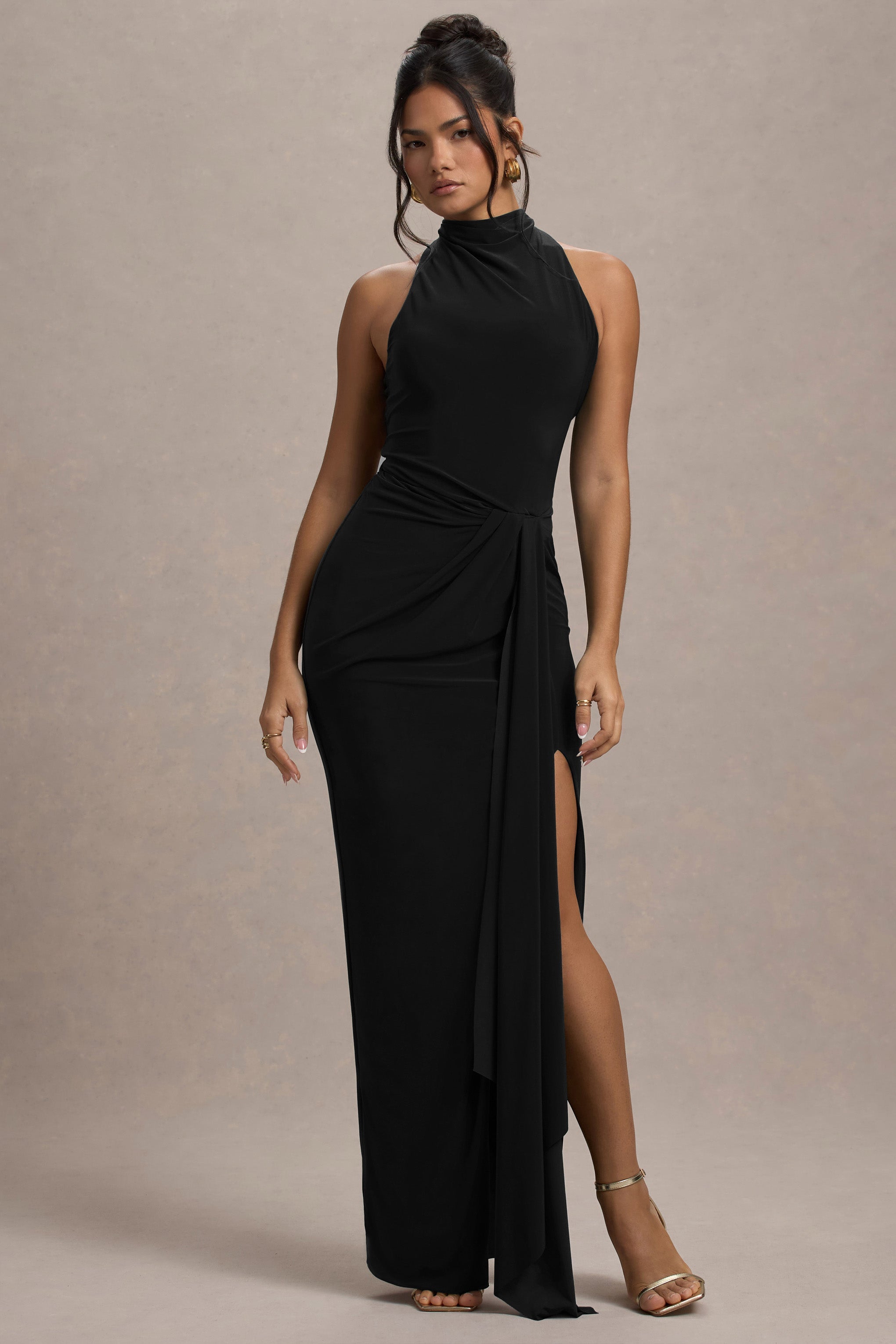 Khari Black High-Neck Twisted Maxi Dress With Drape