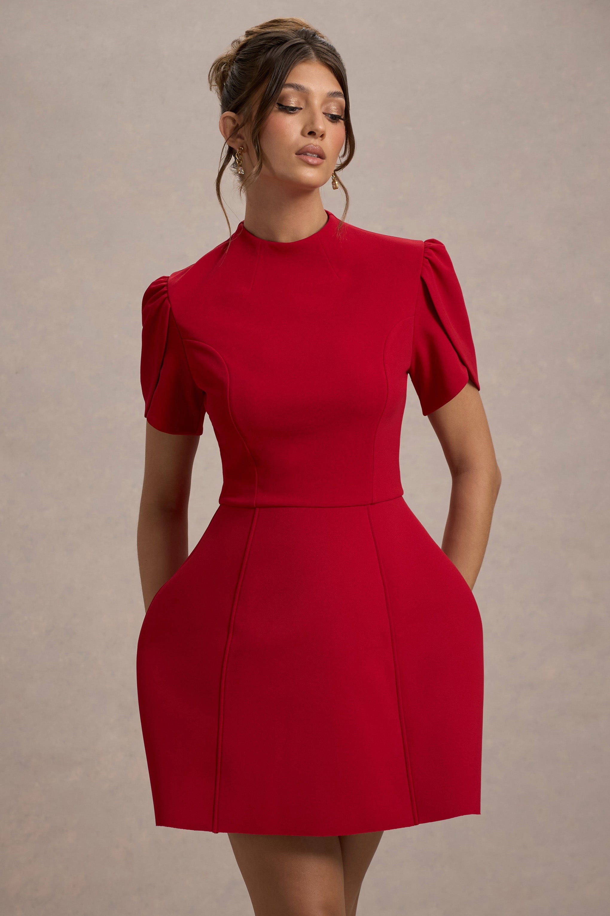 Carabella Red High-Neck Short-Sleeve Mini Dress