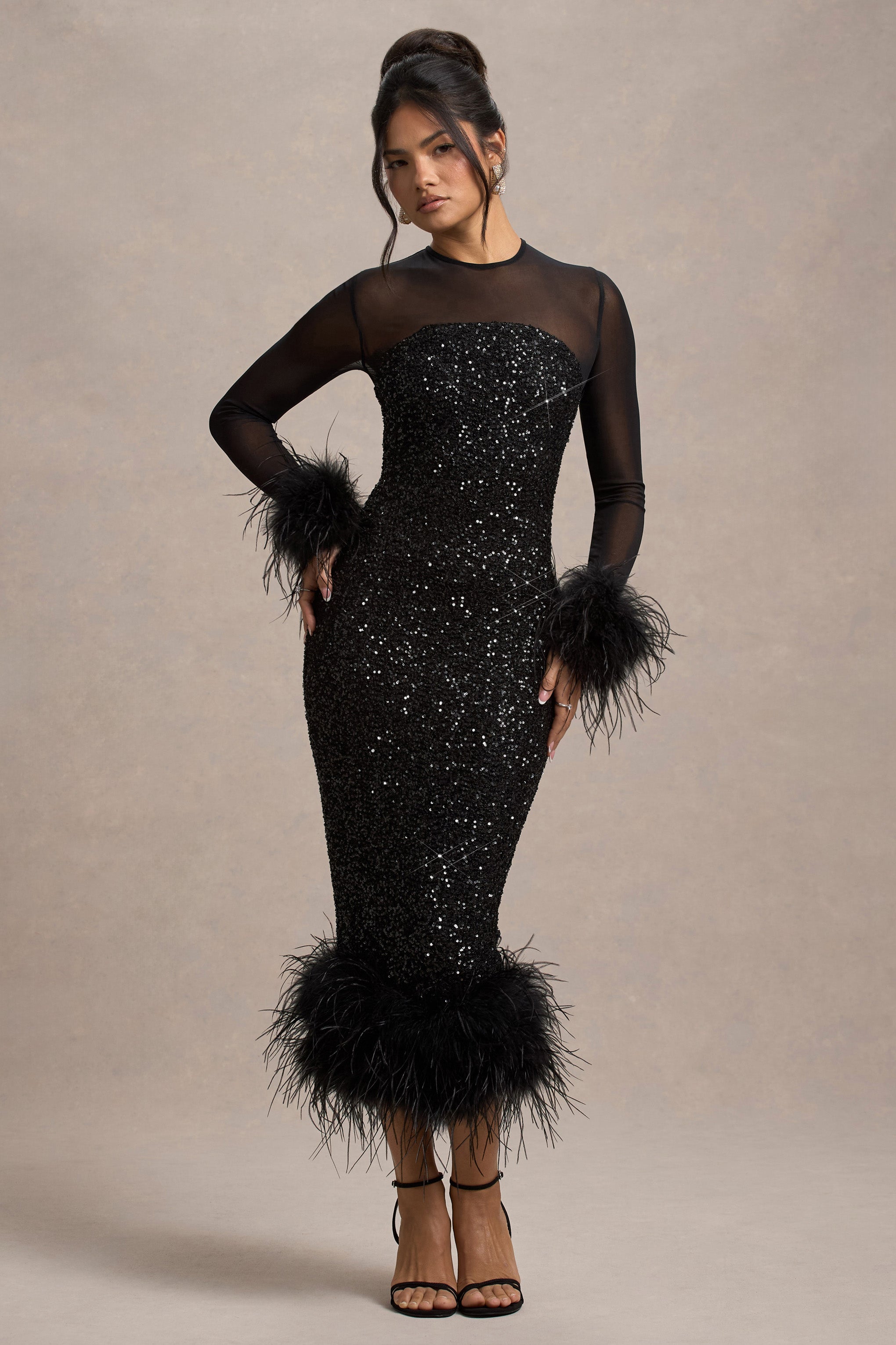 Afterglow Black Sequin Long-Sleeve Midi Dress With Feather Trims