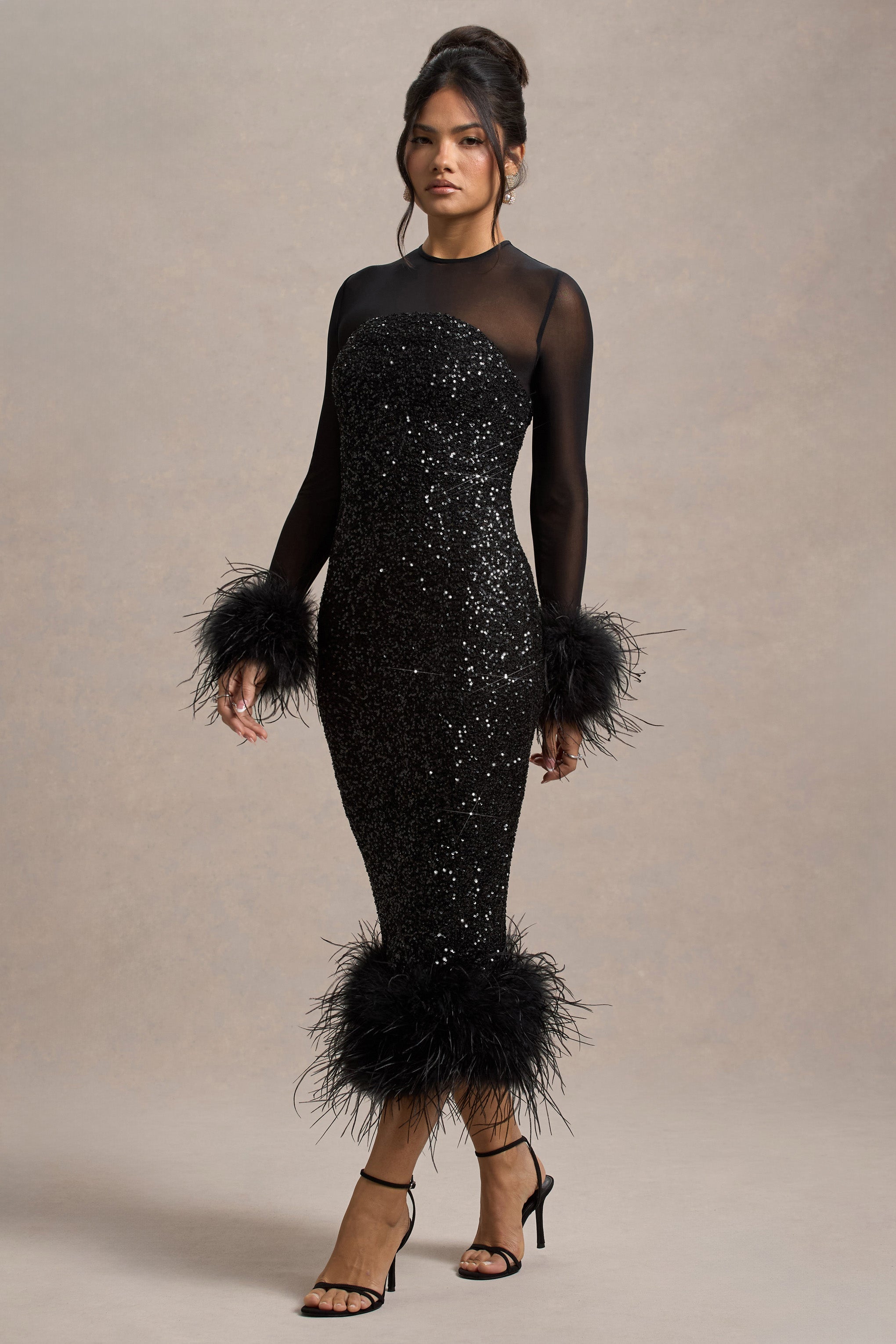 Afterglow Black Sequin Long-Sleeve Midi Dress With Feather Trims