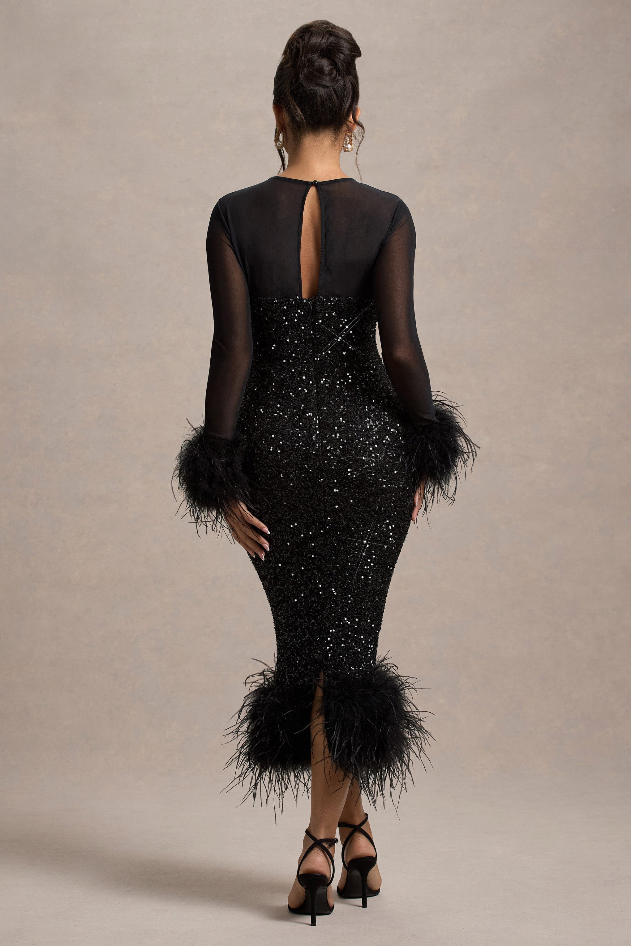 Afterglow Black Sequin Long-Sleeve Midi Dress With Feather Trims