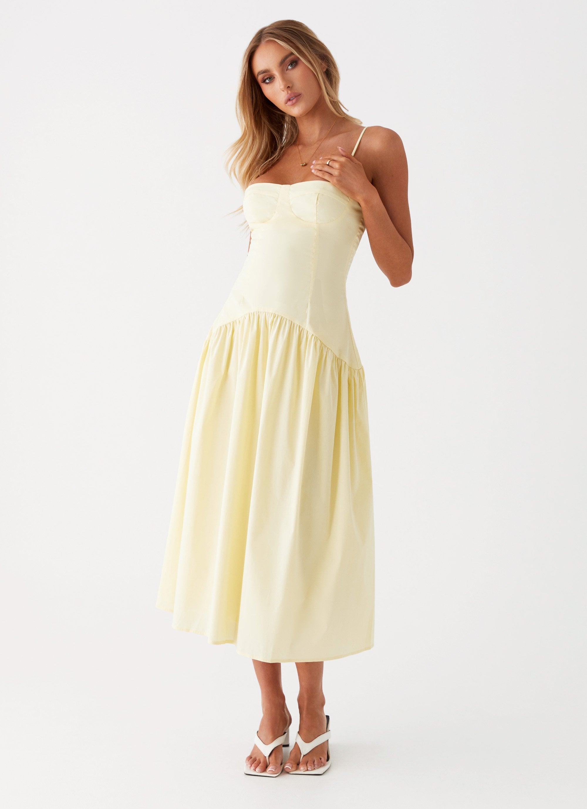 Womens Yvette Corset Midi Dress in the colour Yellow in front of a light grey background