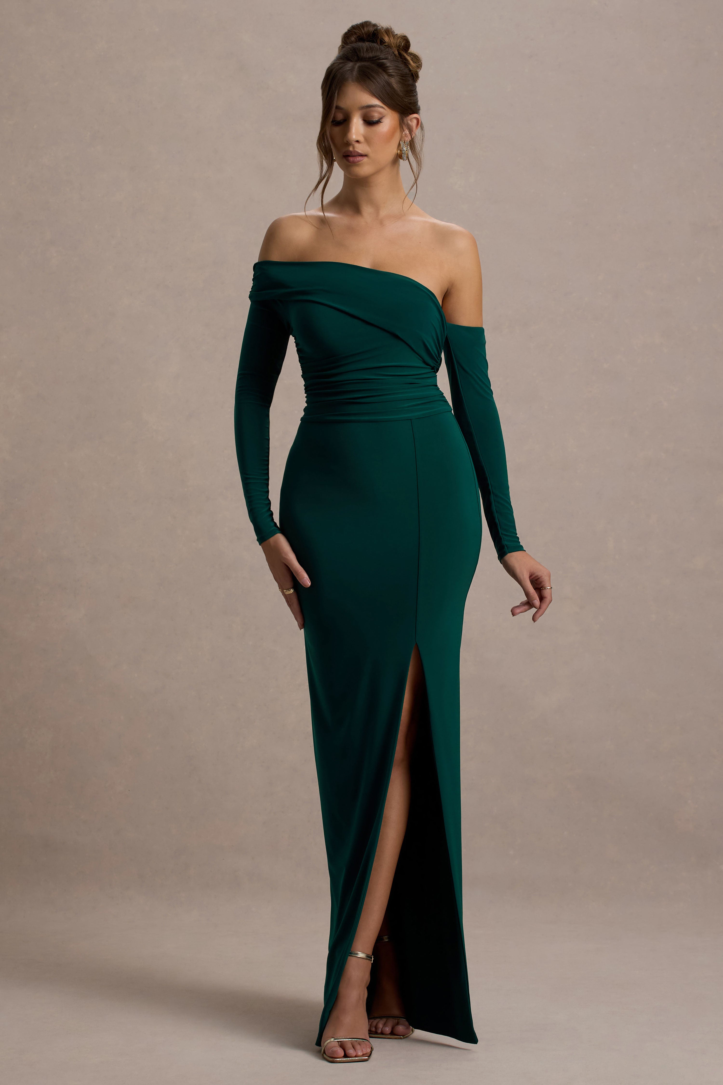 green emerald velvet dress Eva Green Bardot Bow Detail Maxi Dress With Thigh Split – Club L London main image 1