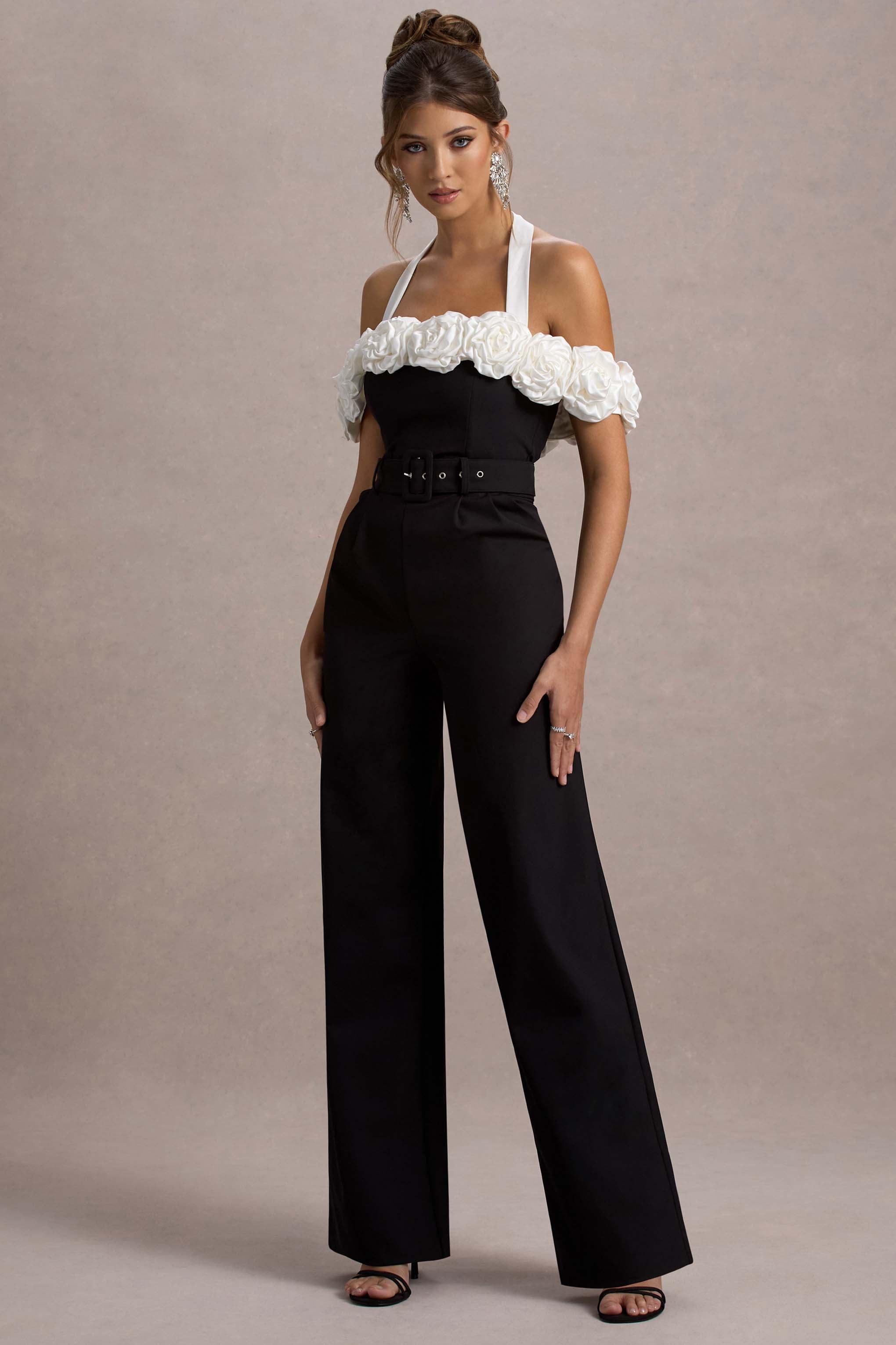 Genny Black Tailored Wide-Leg Jumpsuit With Flowers