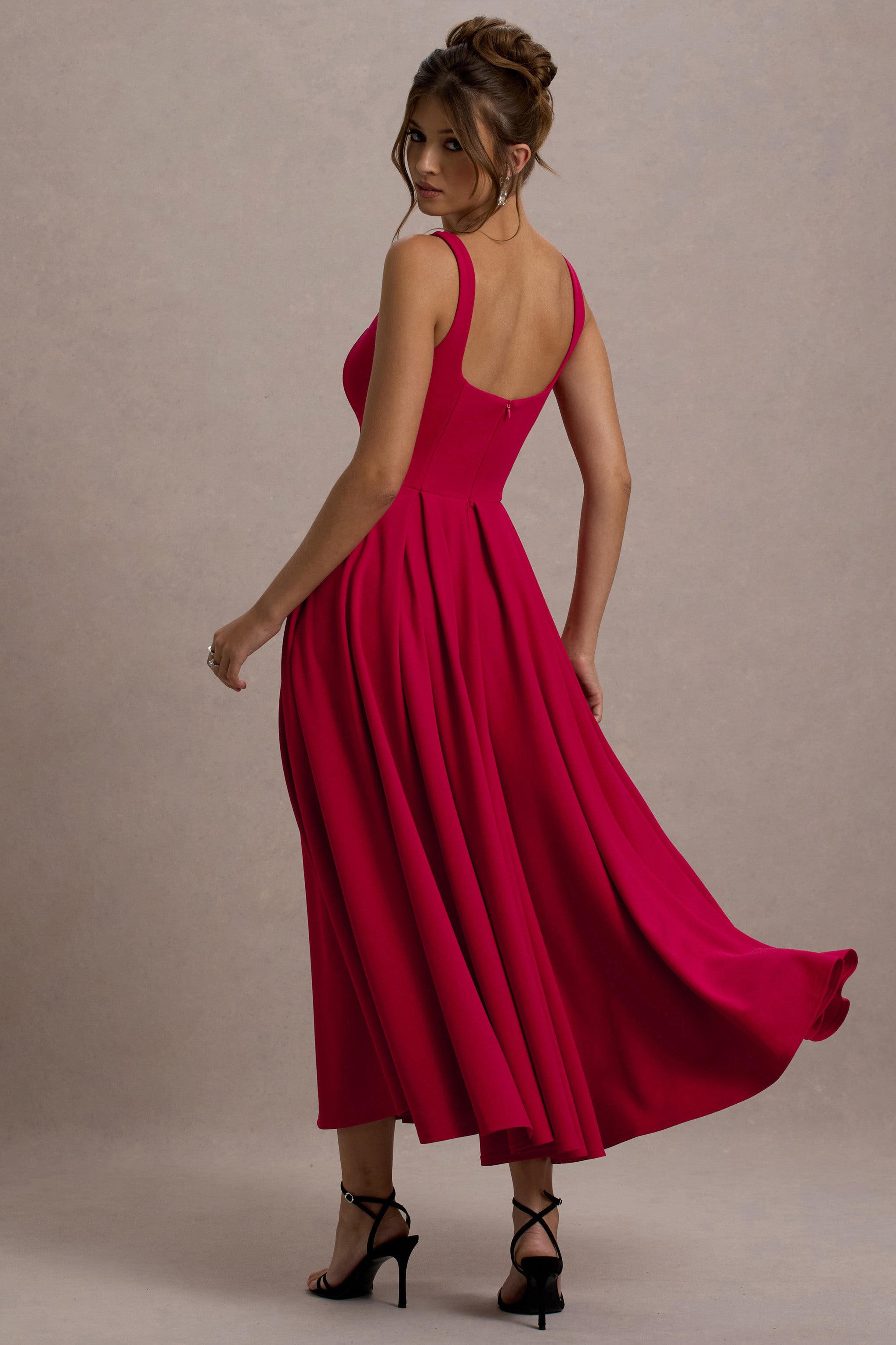 Parina Red Strappy Volume-Hem Midi Dress