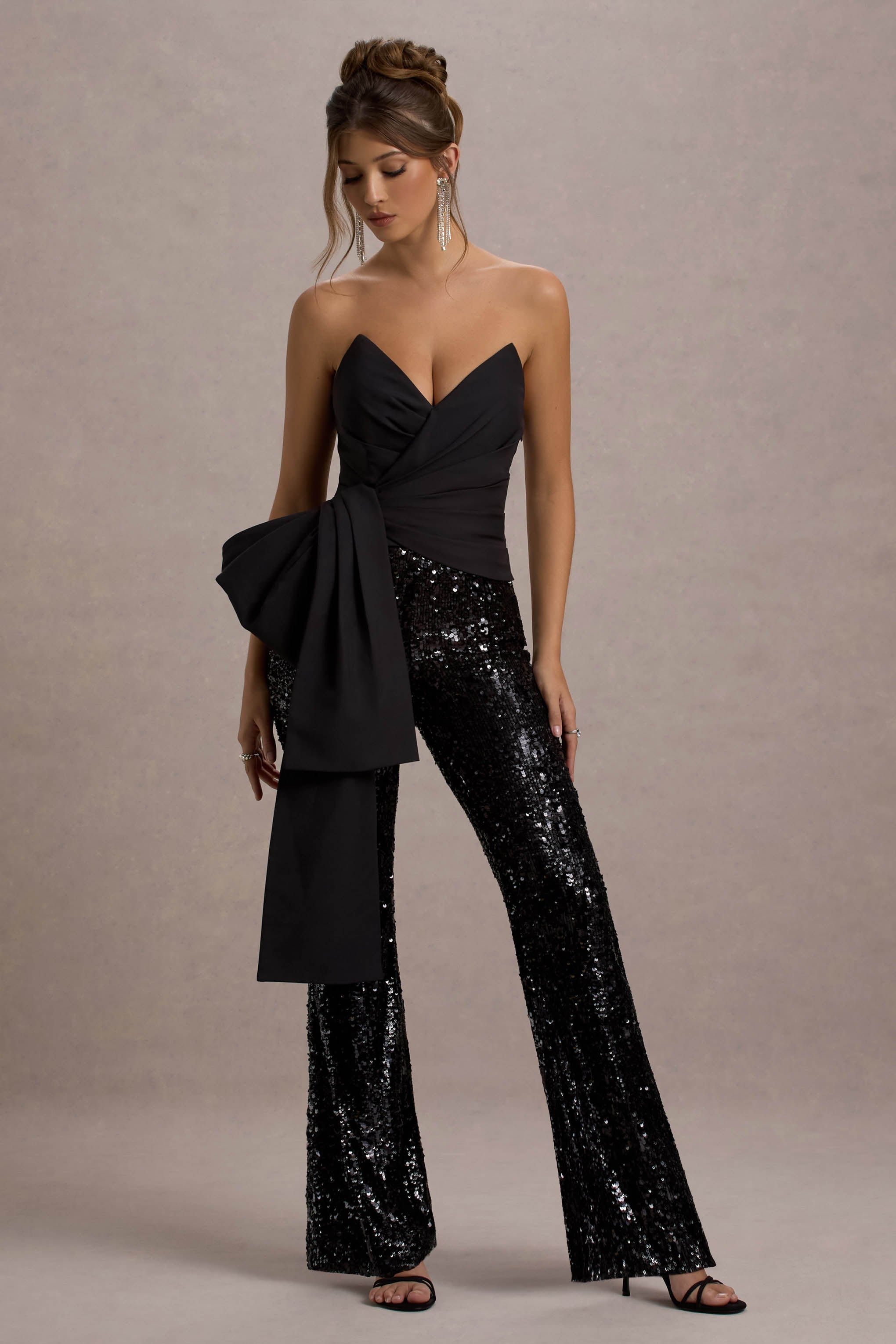 Bianco Black Sequin Strapless Flared-Leg Jumpsuit With Drape