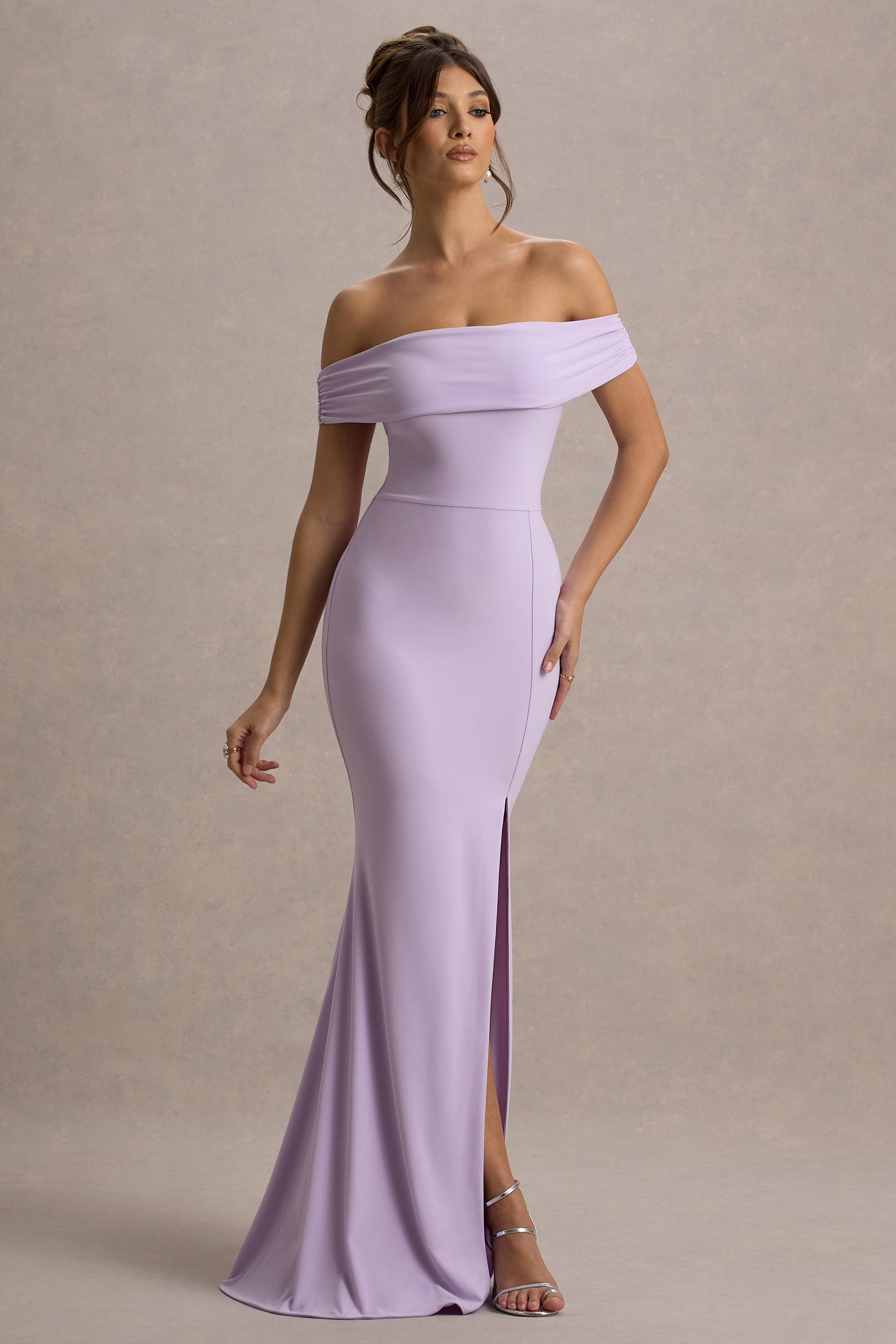Law of Attraction Lilac Bardot Draped Split Maxi Dress