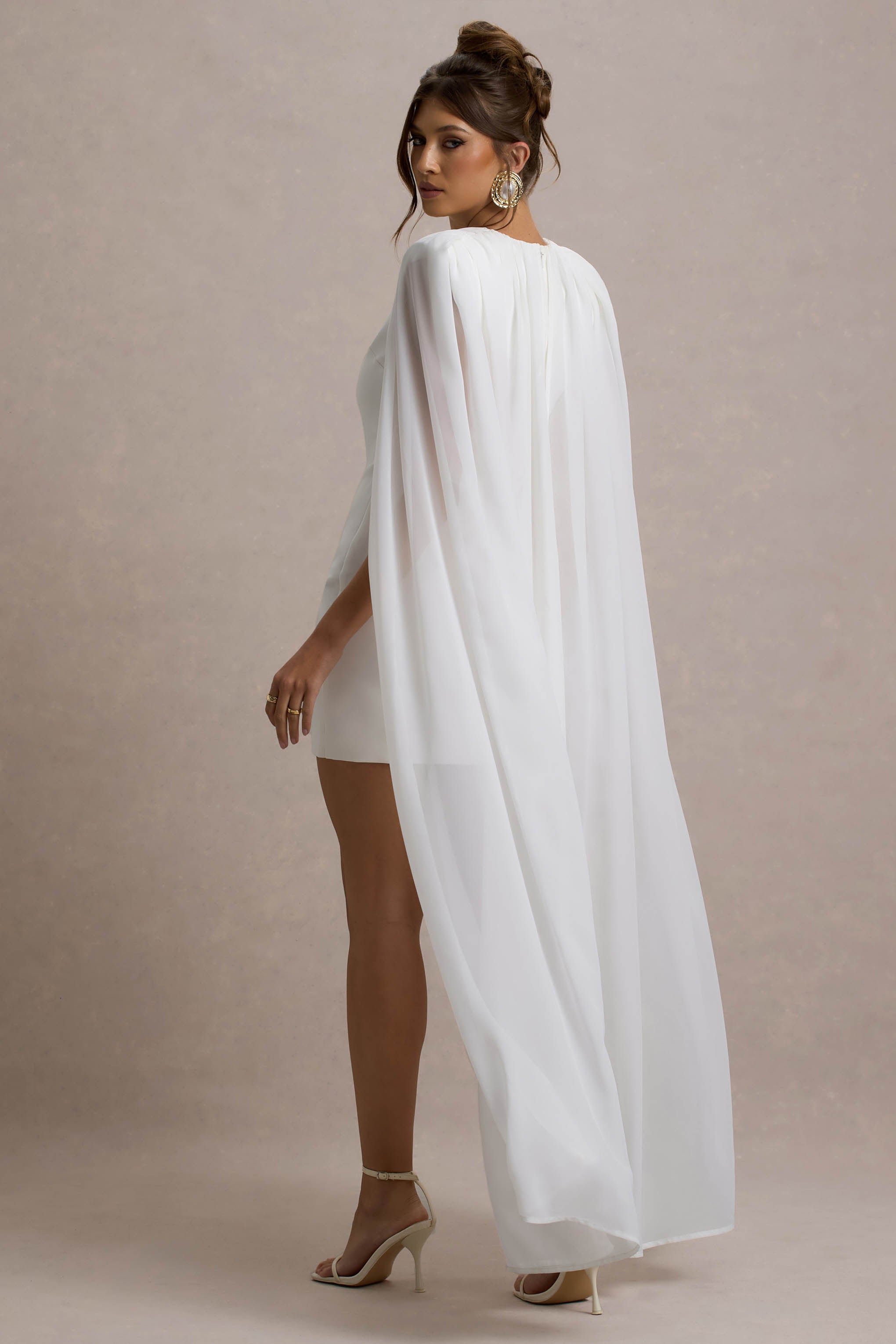 Elysium White Bodycon Mini Dress With Chiffon Cape