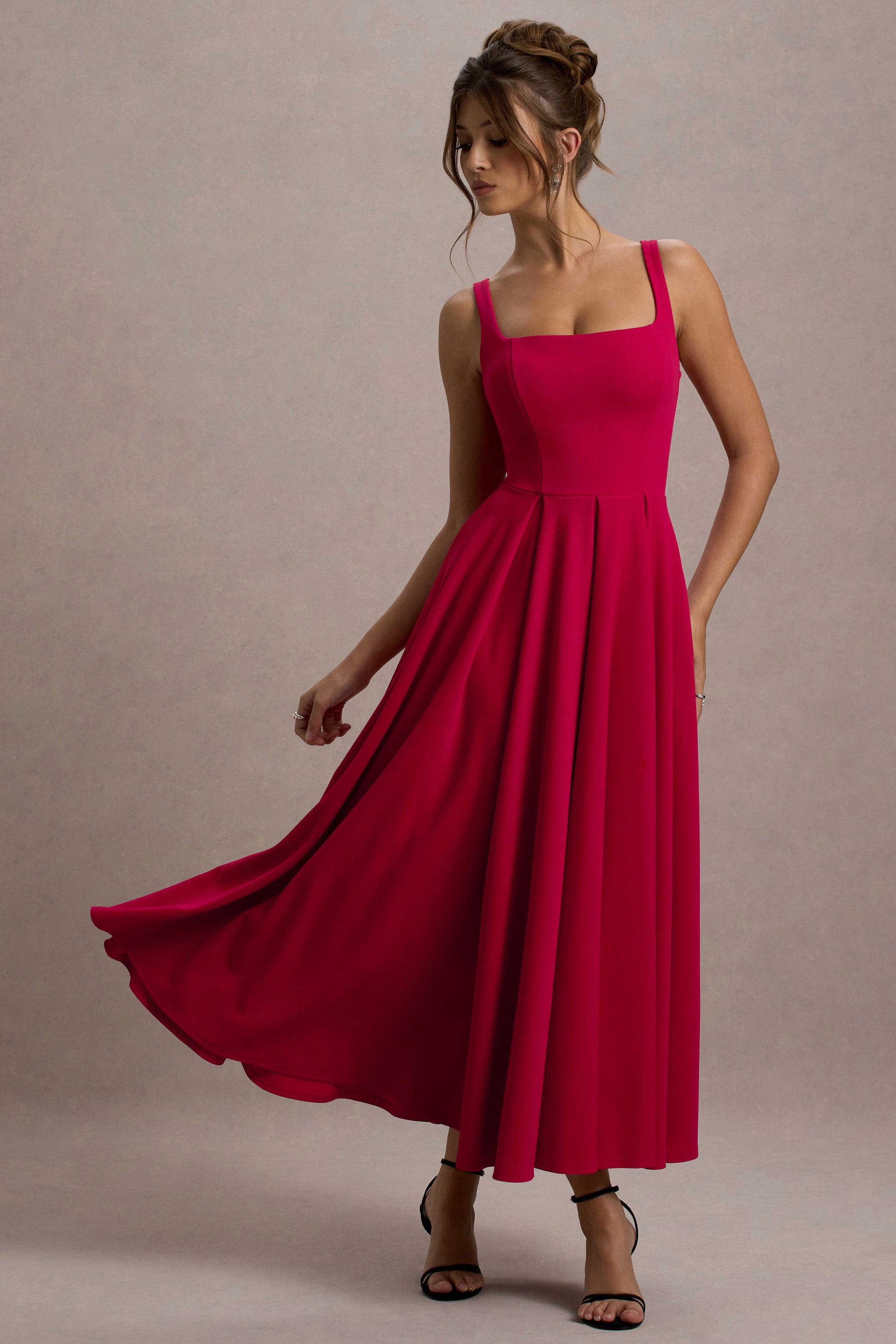 Parina Red Strappy Volume-Hem Midi Dress
