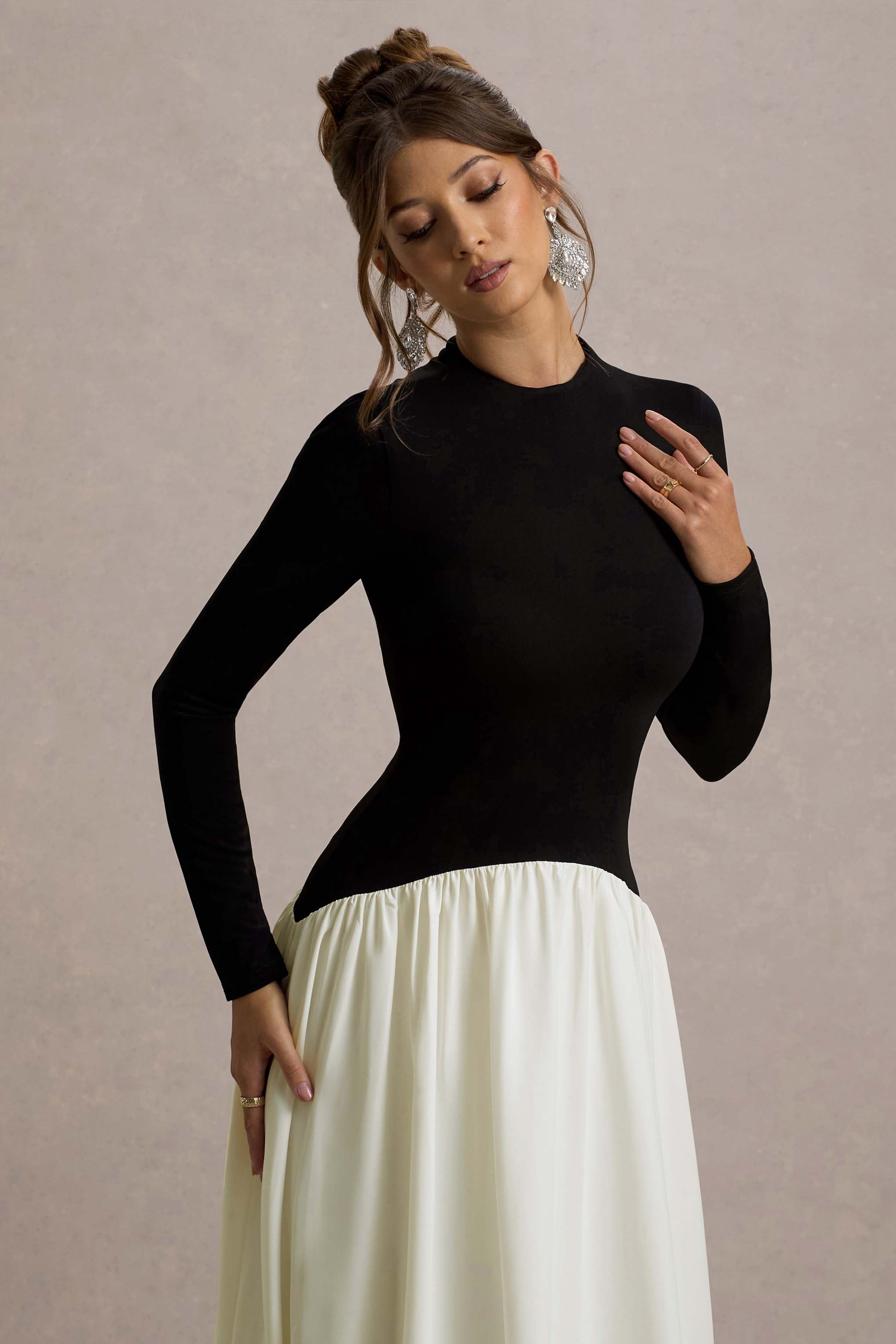 Benedetta Black & Cream Long-Sleeve Drop-Waist Maxi Dress