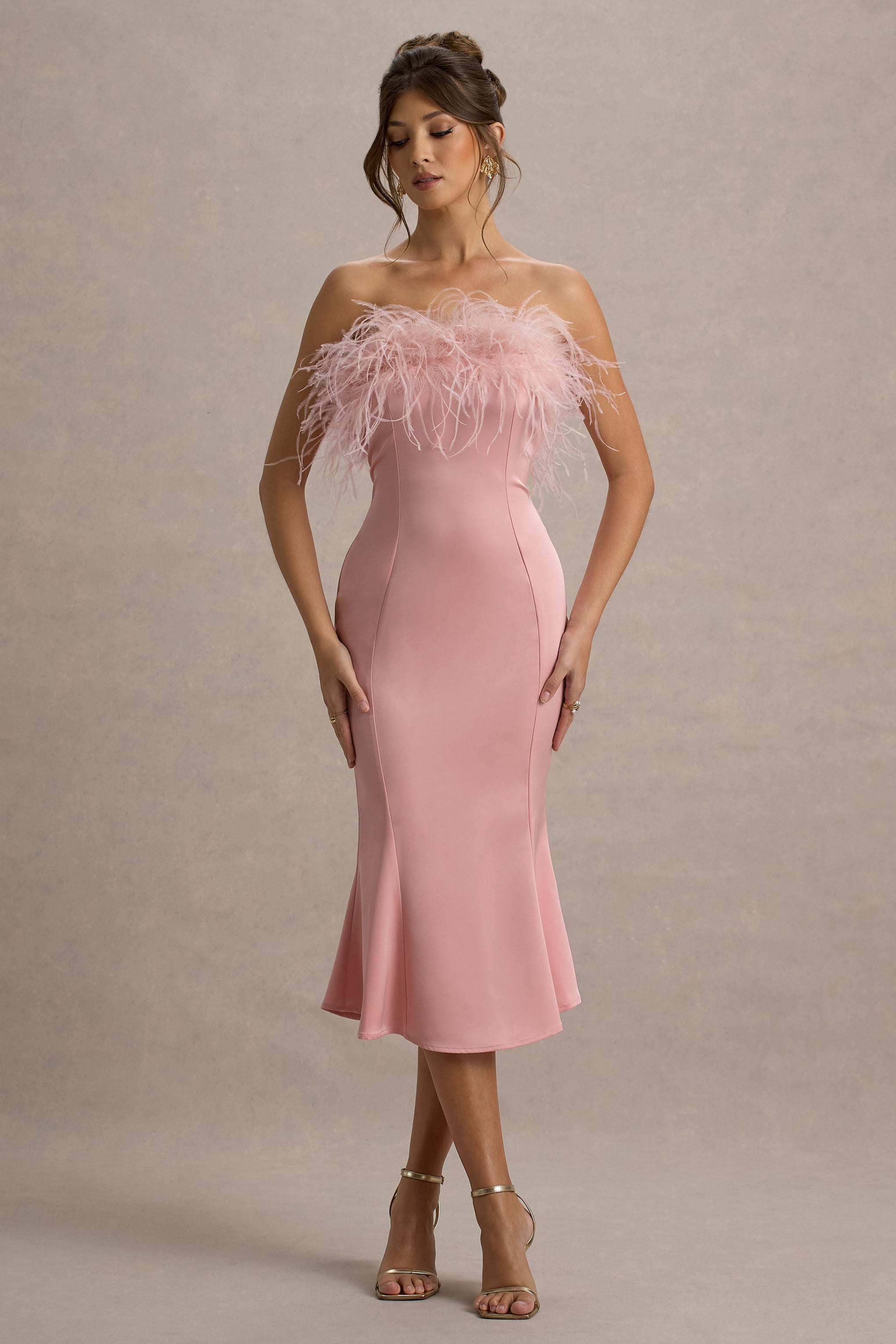 One And Only Light Pink Satin Feather Trim Bandeau Midi Dress