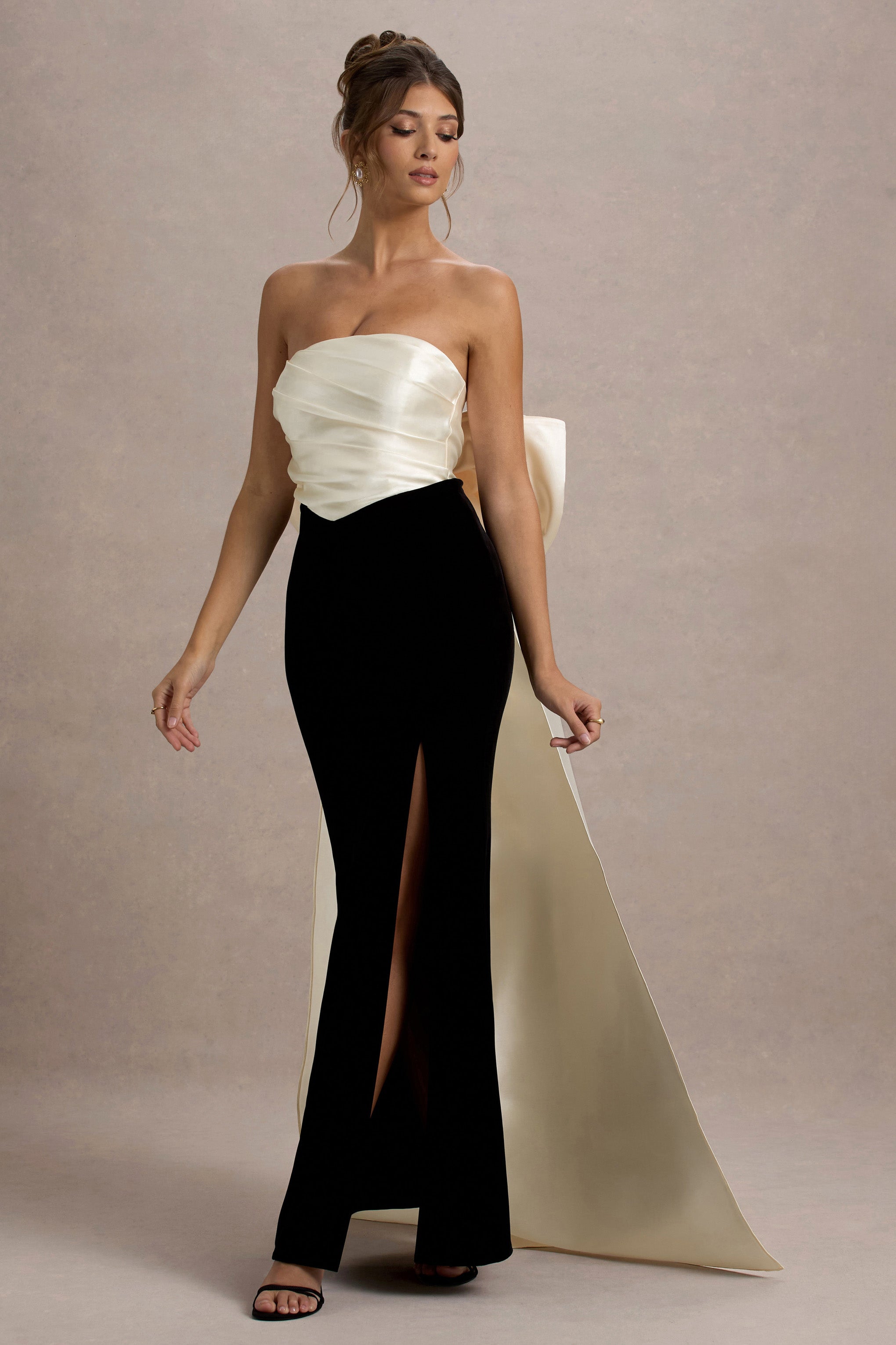 Take A Bow Black & Cream Velvet Strapless Maxi Dress With Oversized Bow