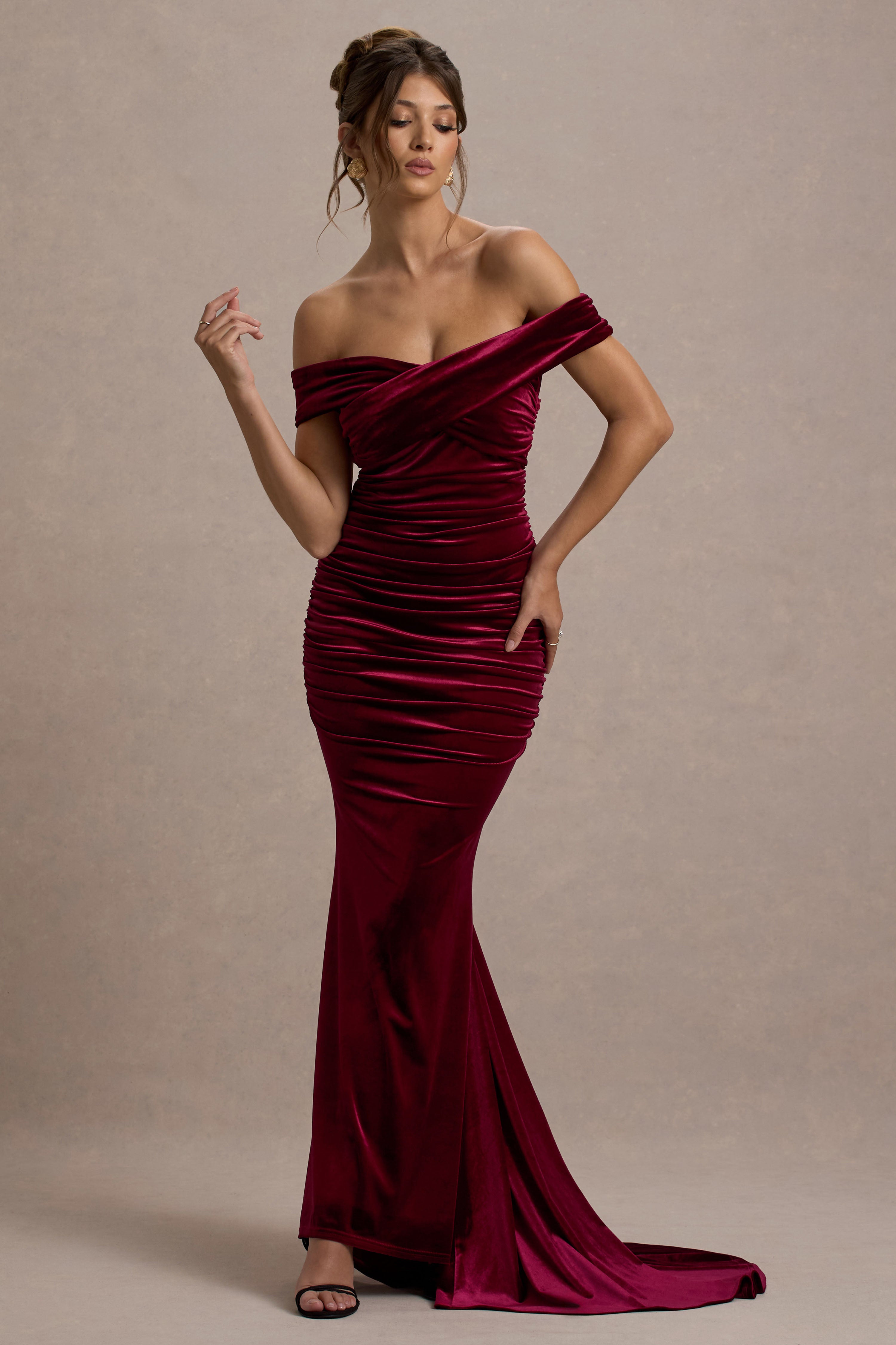 Apolline Berry Velvet Off The Shoulder Ruched Fishtail Maxi Dress
