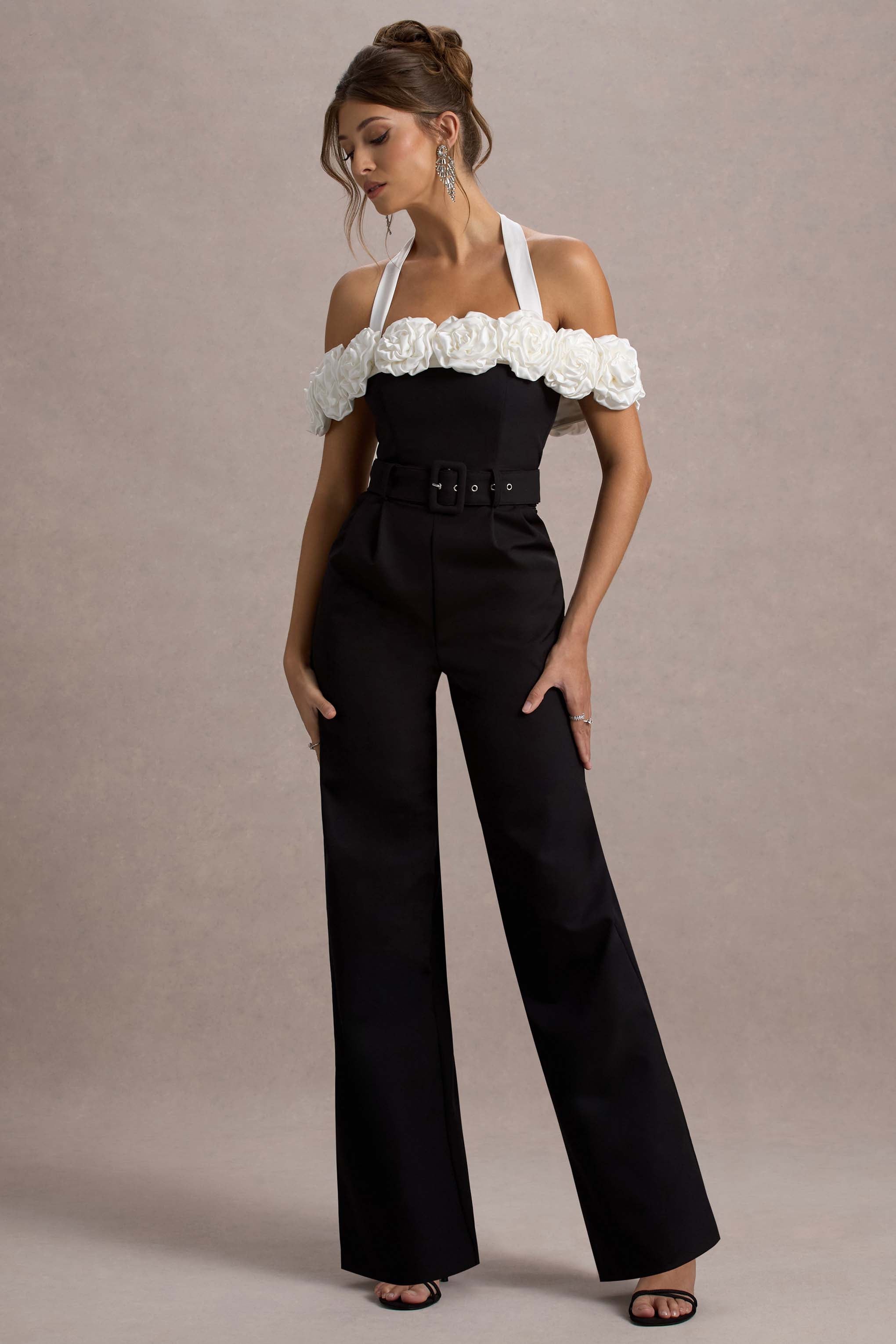 Genny Black Tailored Wide-Leg Jumpsuit With Flowers